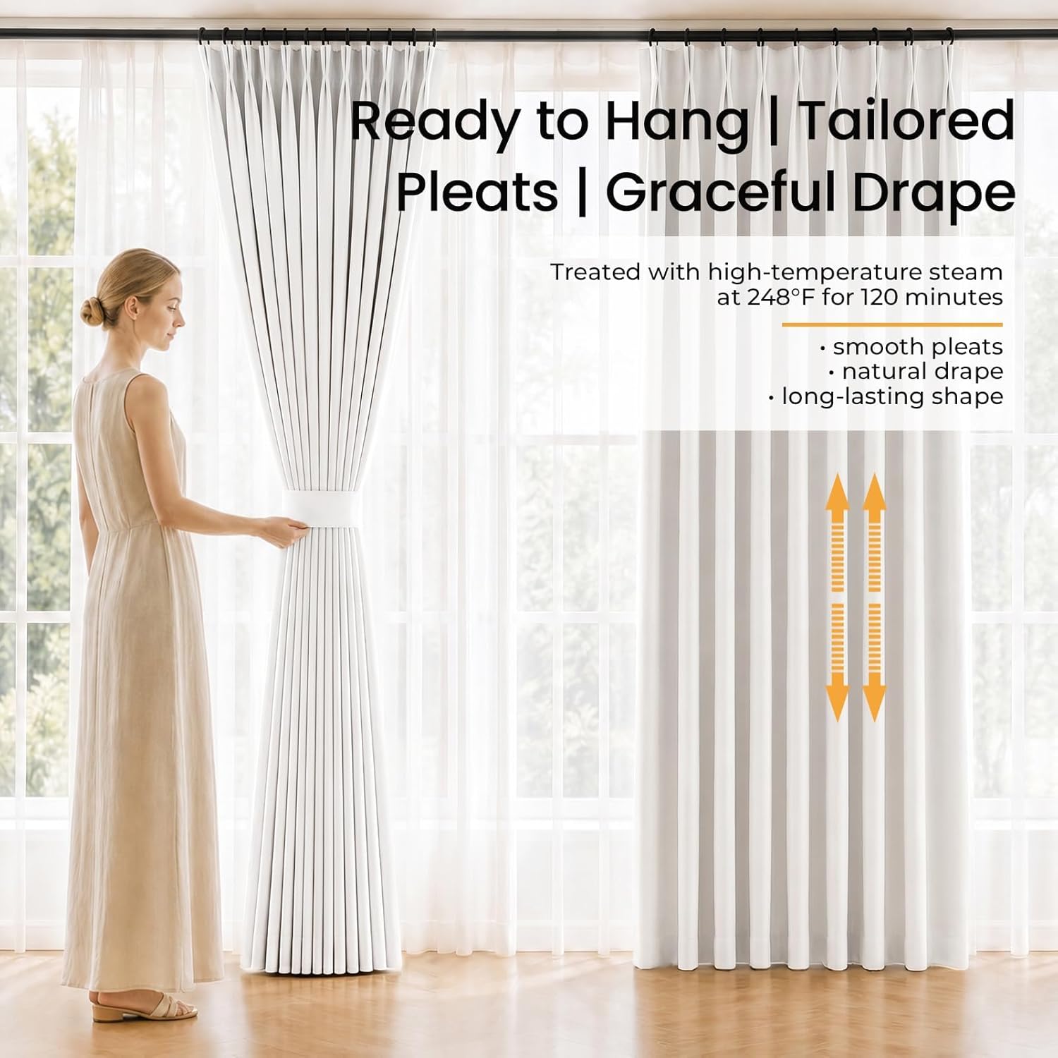 Topfinel 96 Inch Long Pinch Pleated Blackout Curtains for Bedroom Livingroom, Natural Beige Linen Blend 100% Blackout Sliding Door Curtains, Cozy Modern Privacy Protection Curtains,40" W*96" L