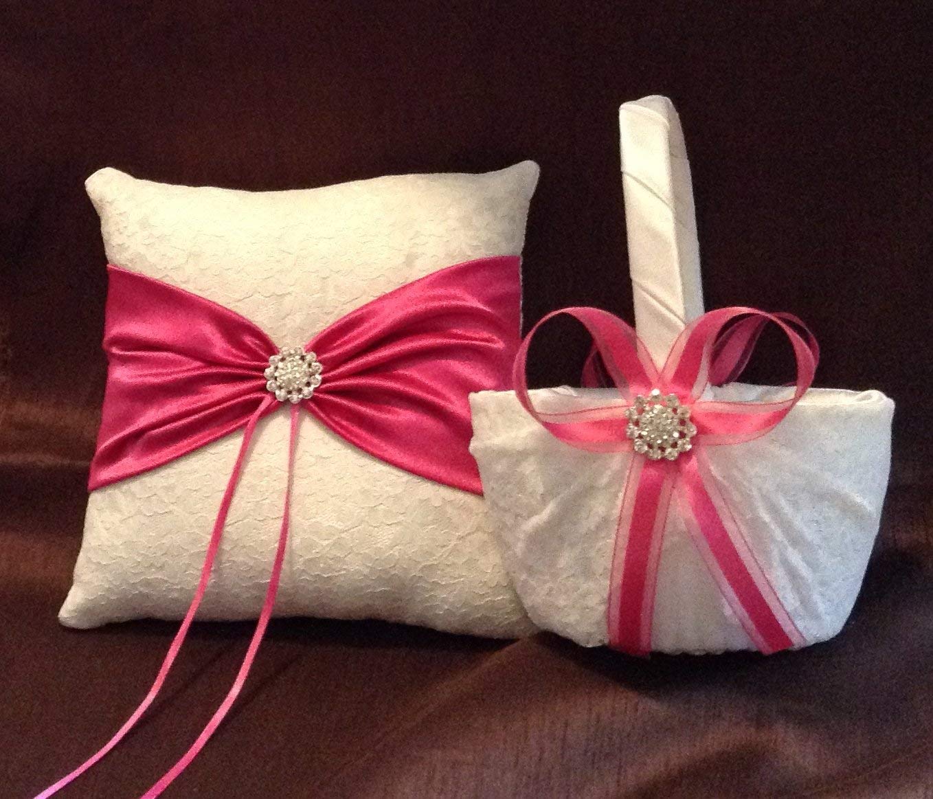 wedding white or ivory lace and pink ring bearer pillow and
