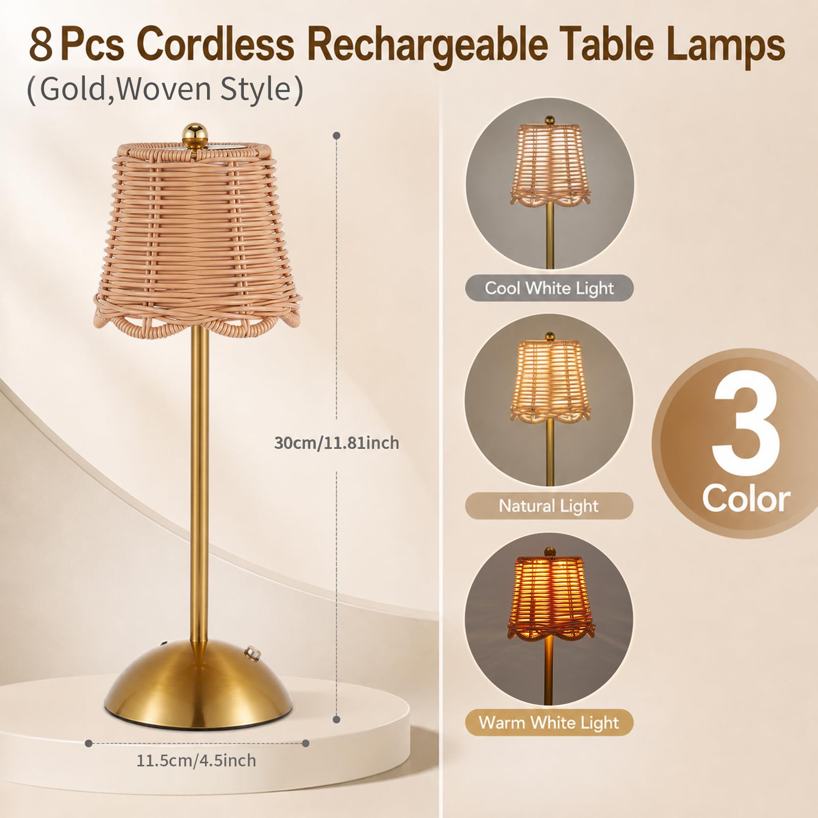 Lot de 8 lampes de table sans fil rechargeables dorées