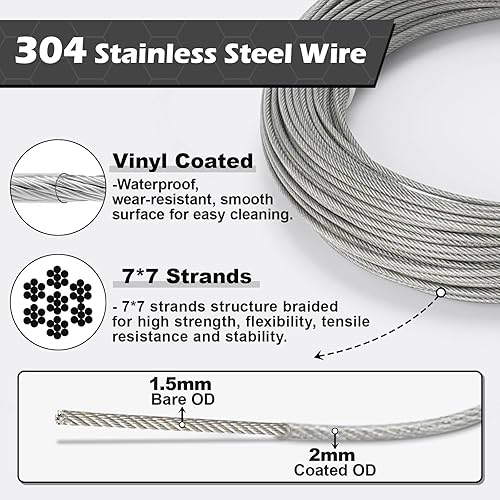 Miniatura 22 de TooTaci Kit de tensor de alambre tensor, cable de acero inoxidable recubierto de vinilo de 100 pies 1/16 con tensores M5 para cables, cuerda