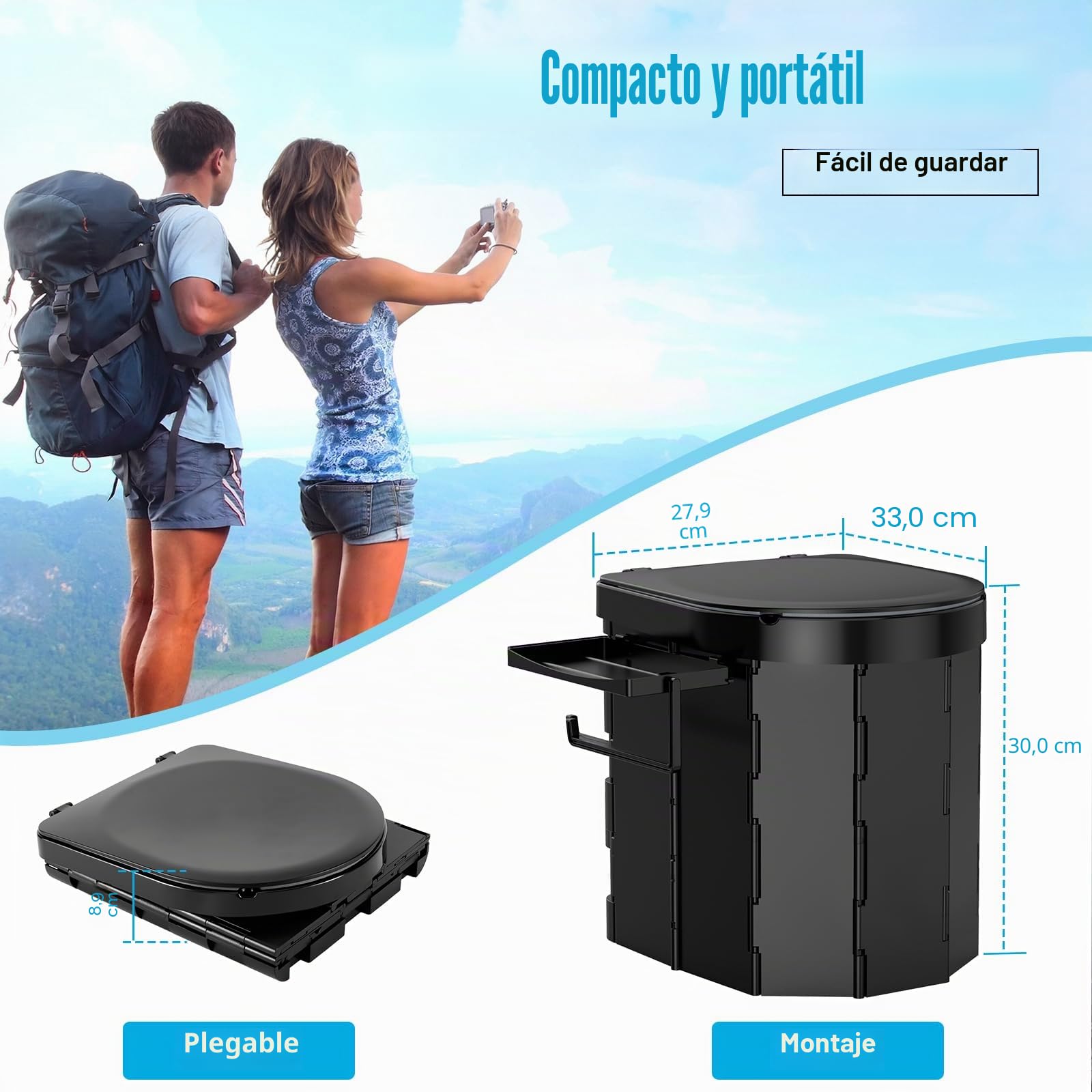 WADEO Inodoro portátil para acampar con asiento cómodo de EVA, con capacidad para hasta 200 kg, con 20 bolsas de basura, soporte para papel y móvil, para acampadas, viajes y pesca