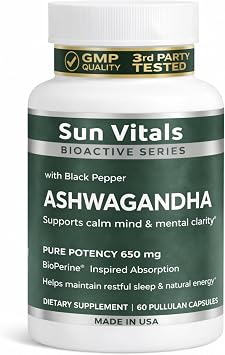 Sun Vitals Ashwagandha Ultra Potent 650 mg Organic Ashwagandha Root with Black Pepper 60 Vegan Capsules