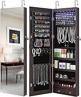GISSAR Full Length Mirror Jewelry Armoire - Wall/Door Mount, 6 LED Lights, Lockable Storage Organizer, Brown 47.2"H Large Capacity