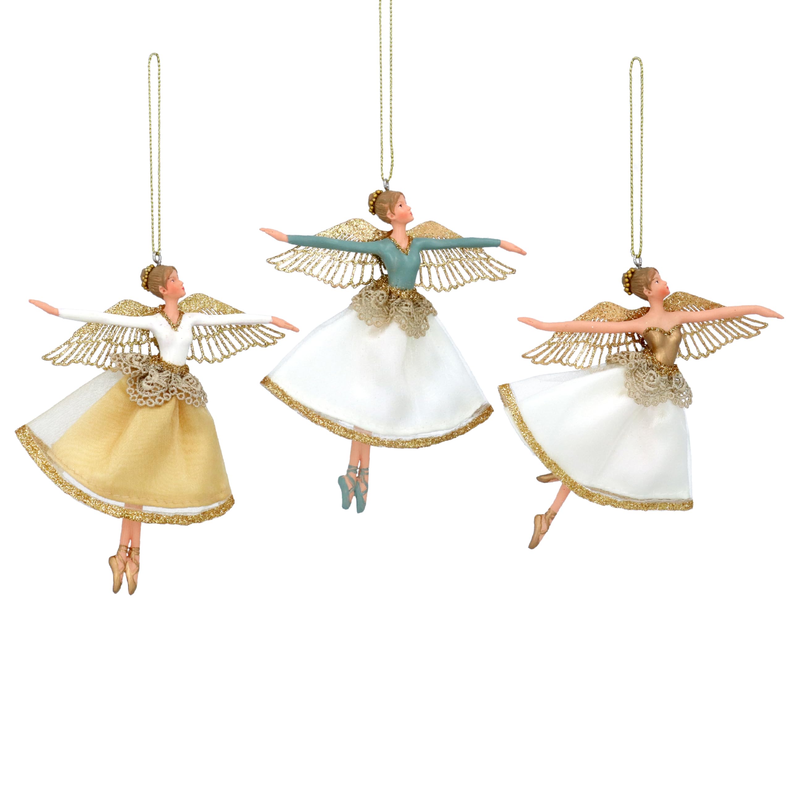 Gisela Graham Fairy in Cream Gold & Green Fabric& Resin 13 Centimetre Fairy Decoration, set of 3 Assorted