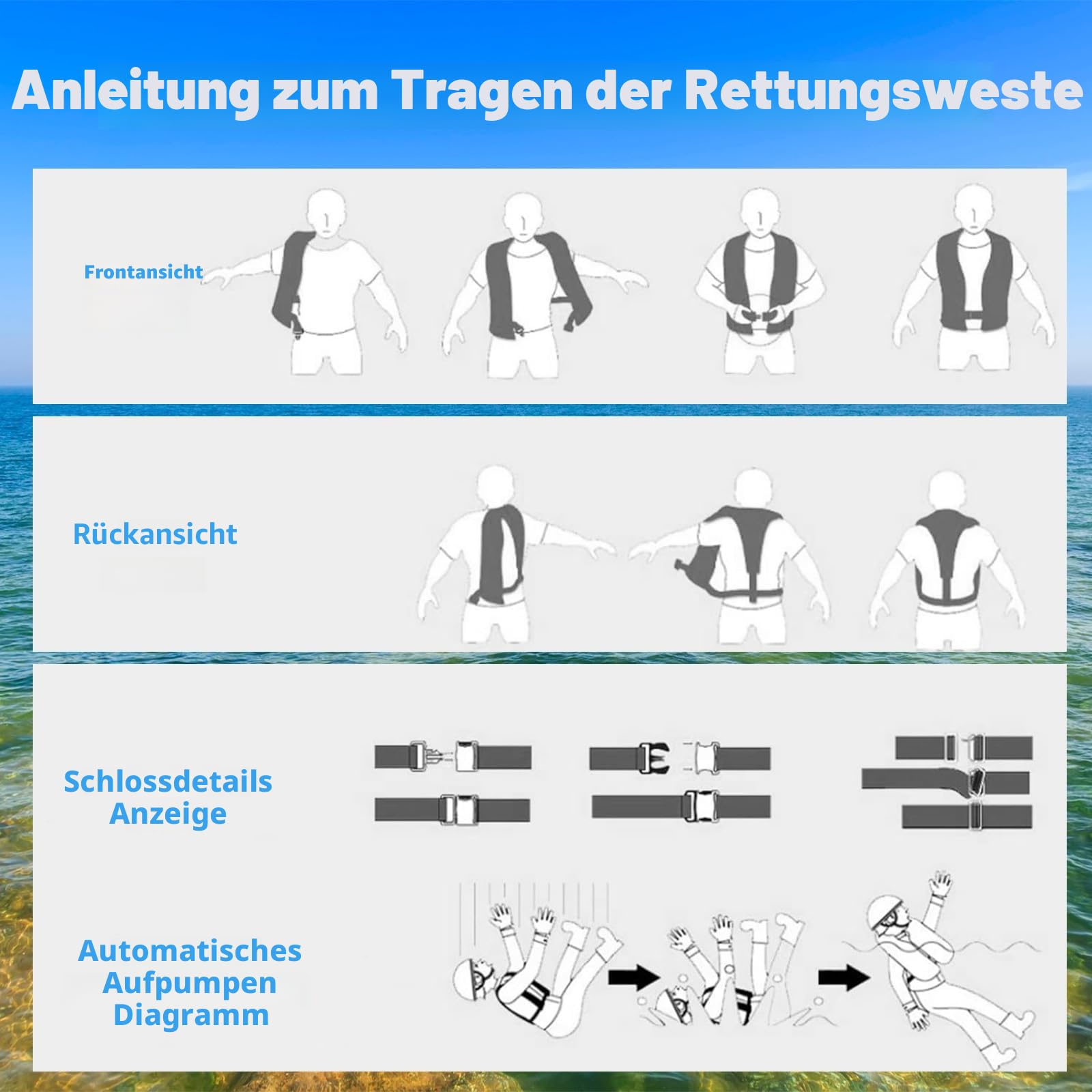 Rettungsweste für Erwachsene, automatisch, aufblasbar, mit verstellbarer Schnalle, mit reflektierenden Streifen und Pfeife, Schwimmwesten für Wassersport, kein CO2-Gas