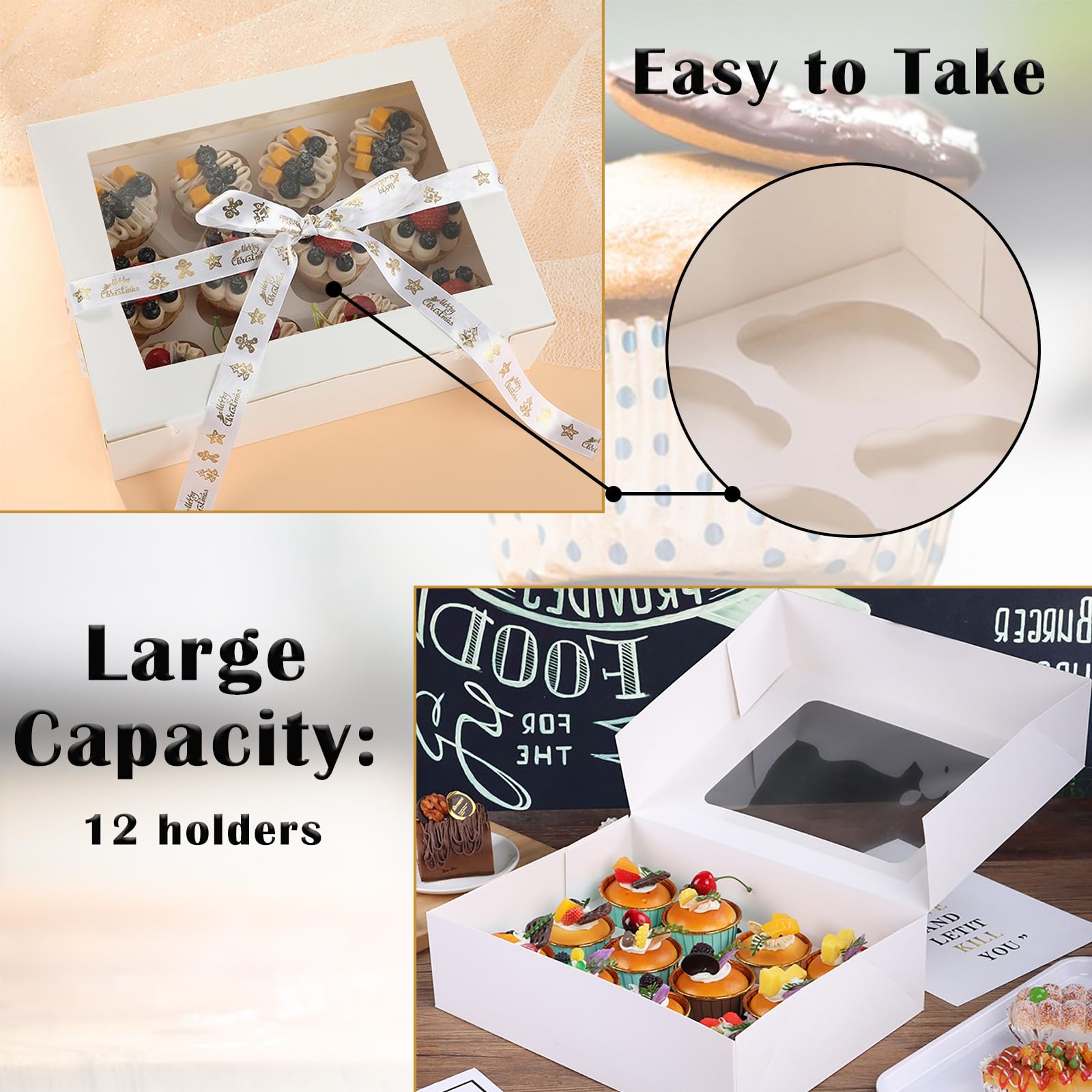 25 Pack White Cupcake Boxes, 6 Cavity With Large Window - View #11