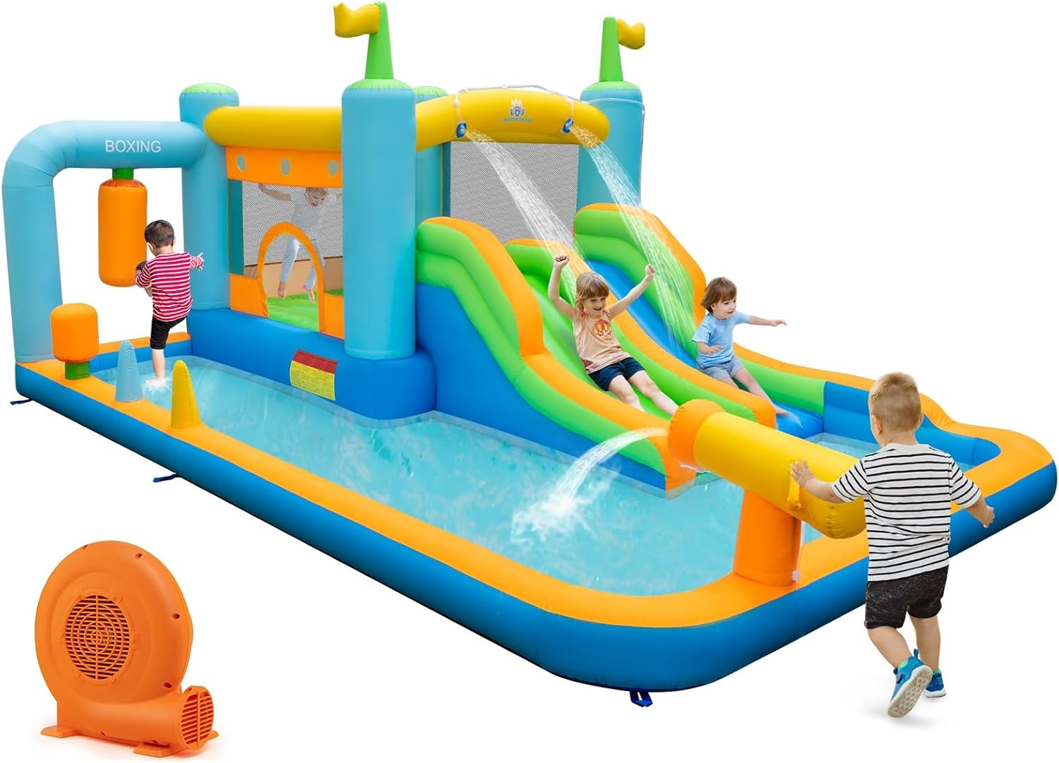 BOUNTECH Inflatable Water Slide, Boxing Themed Water Bounce House with Waterslide for Kids Backyard, GFCI 680W Blower, Blow up Jump Castle Water Slides Inflatables for Boys Girls Outdoor Party Gifts