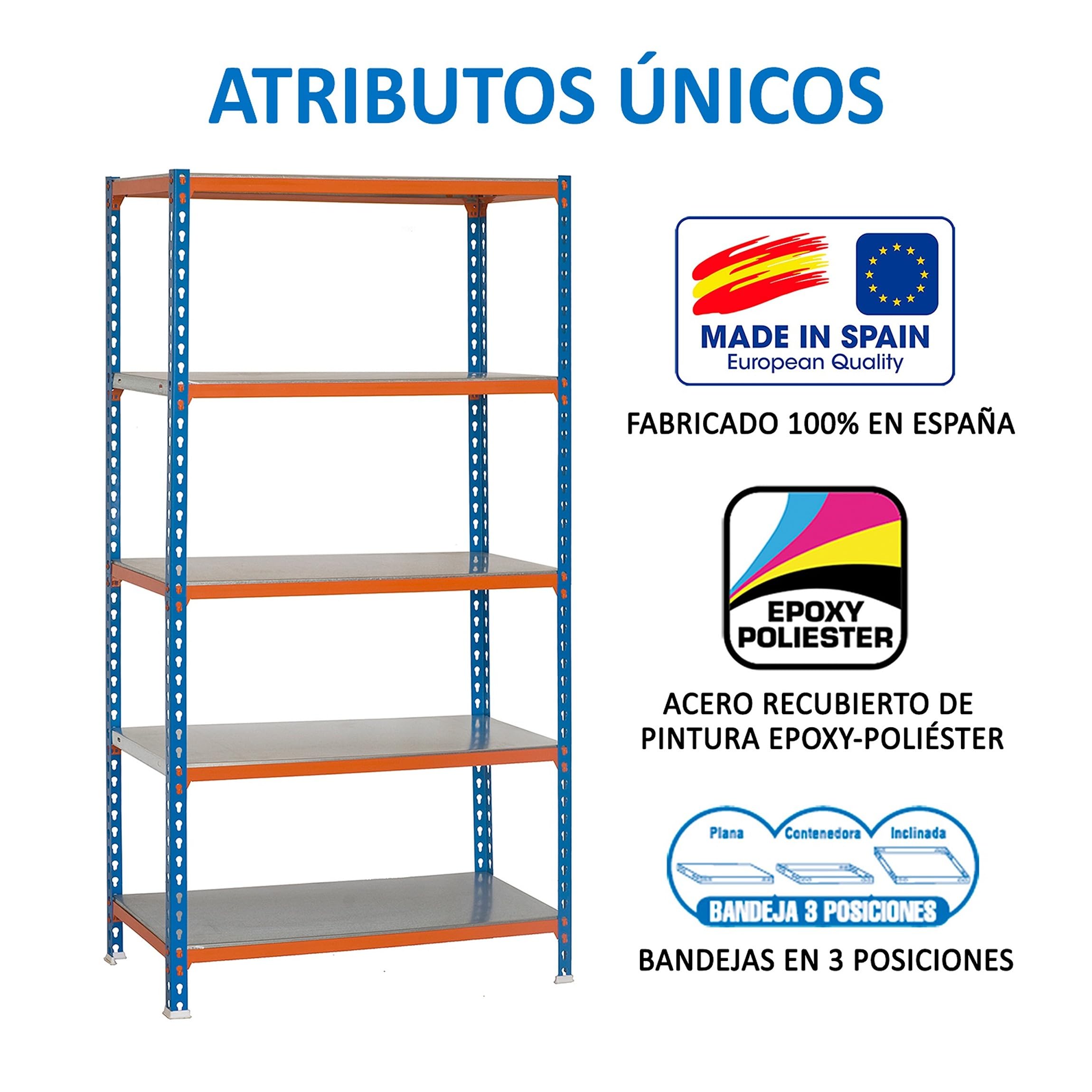 SimonRack Estantería Metálica Almacenaje, Sin tornillos, 5 Baldas, Alta Capacidad Carga 180 kg, 1800x800x300 mm, Estantería Garaje Trastero, Azul/Naranja/Galva