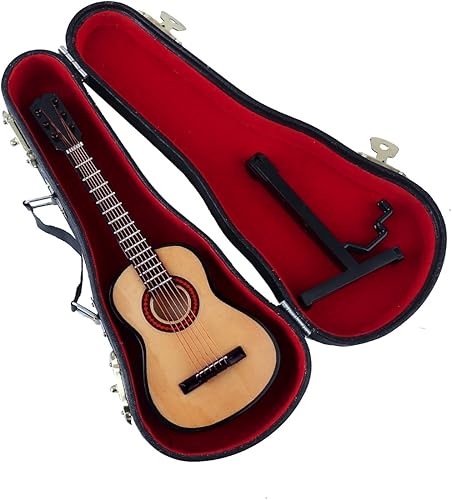 Vista 32 de Guitarra miniatura de madera con soporte y estuche, mini instrumento musical, réplica de guitarra, figuras coleccionables, accesorios de casa