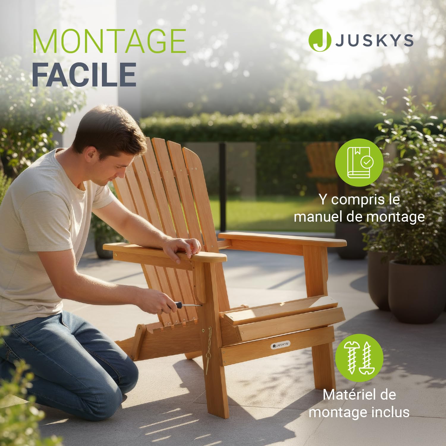 Juskys® Korfu transat Bois Massif Pliable Balcon terrasse résistant intempéries Design Compact 1 pièce