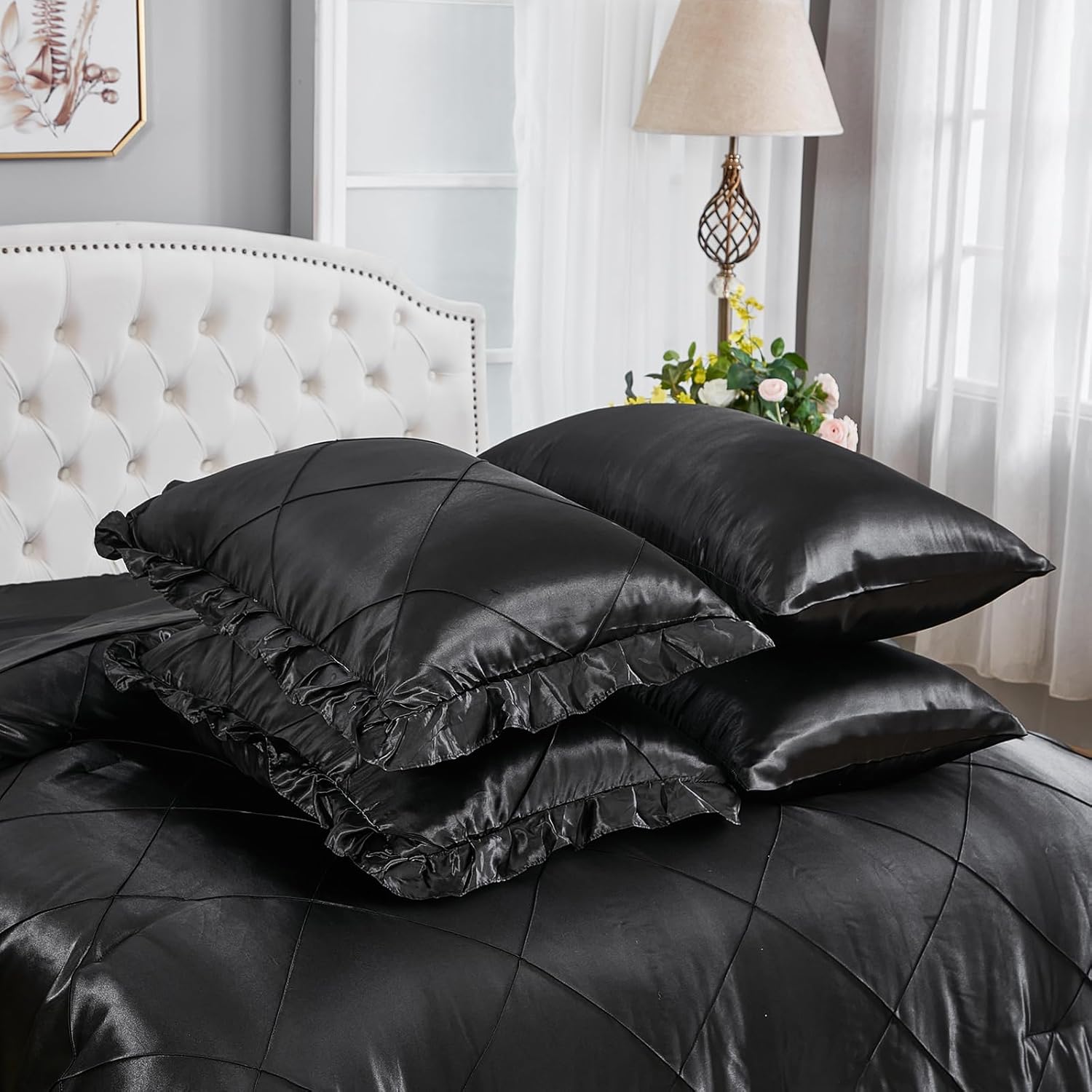 Black Comforter Set Queen Sheet Set Silk Like Satin Bedding Set Silky Bed in a Bag 8 Pcs Pinch Pleat Bed Set Home Decor Luxury Hotel Silky Ruffle Down Comforter with 1 Cushion Cover