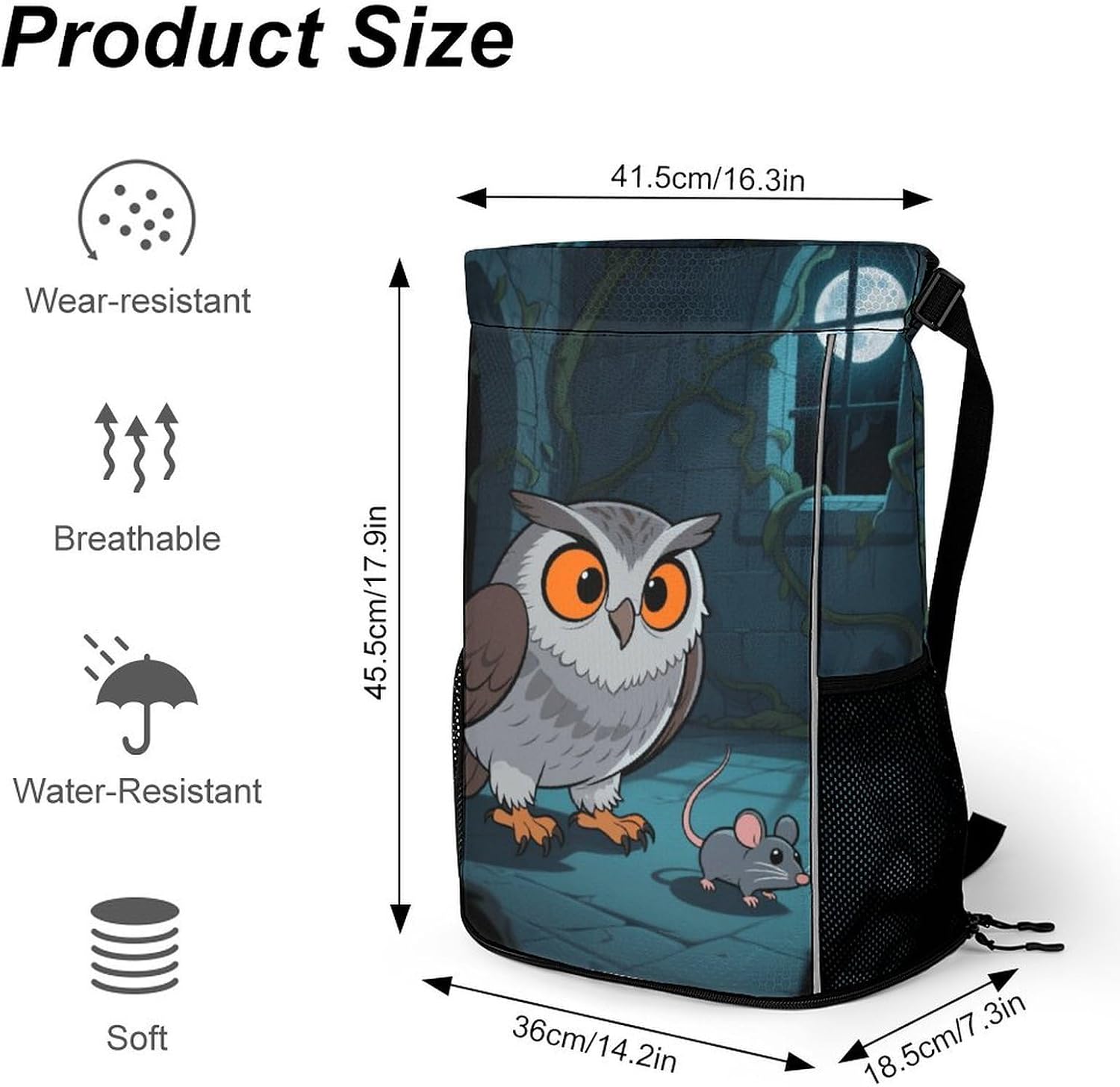 Small Gym Bag An Owl Catching Mice Printed Drawstring Gym Bag for Men Lightweight Waterproof Drawstring Backpack for Women with Shoe Compartment for Travel Tourism Work And Fitness