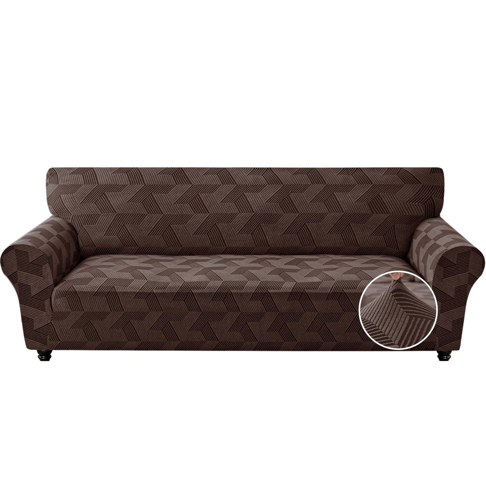 XINEAGE Stretch Sofa Covers 4 Seater, 1 Piece Sofa Slipcovers with Non Slip Design, Soft Geometrical Jacquard Couch Covers Oversized, Washable Furniture Protector for Dog/Pets (XL Sofa,Brown)
