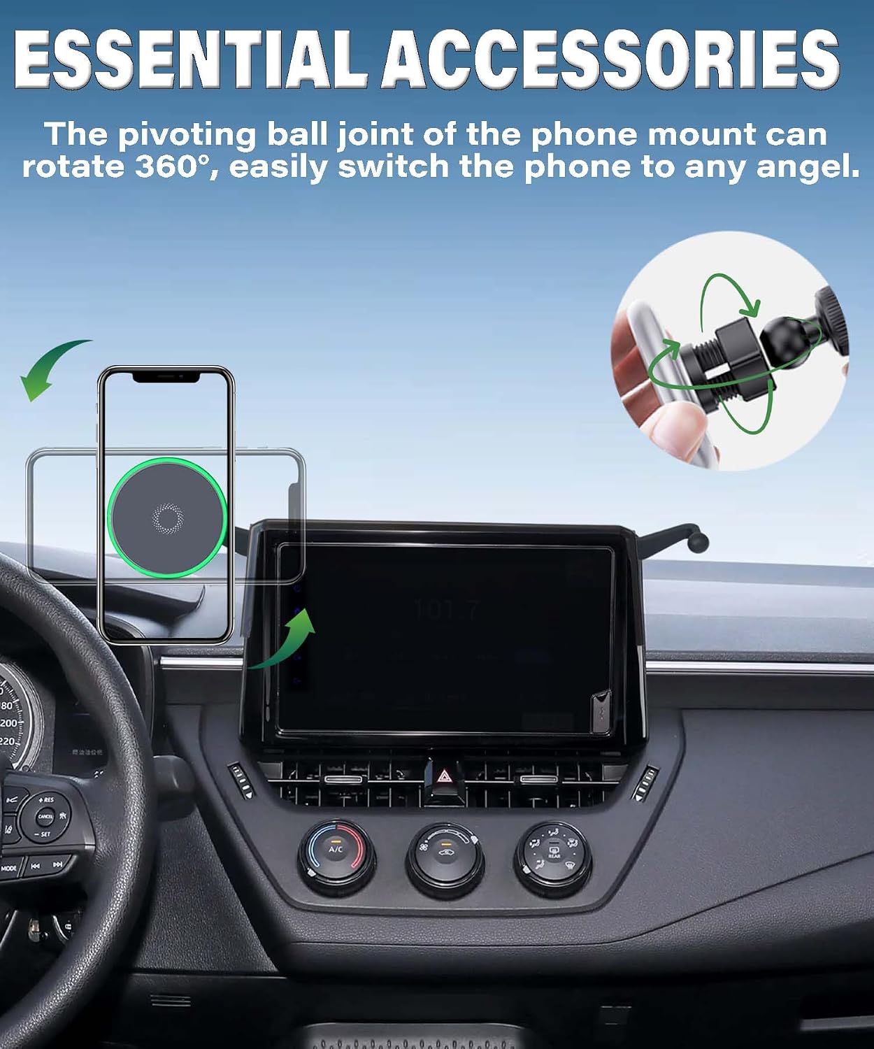 Car Phone Holder for Toyota Corolla 2019-2025/Corolla Cross 2022-2025 Accessories Apply to 8 Inch Screen 15W Fast Wireless Charger Screen Fixed Clip Cell Phone Mount with Storage Tray