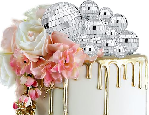 12 adornos para tartas de bola de discoteca, 4 tamaños, accesorios temáticos de discoteca para fiesta de pastel de cumpleaños, fiesta temática de