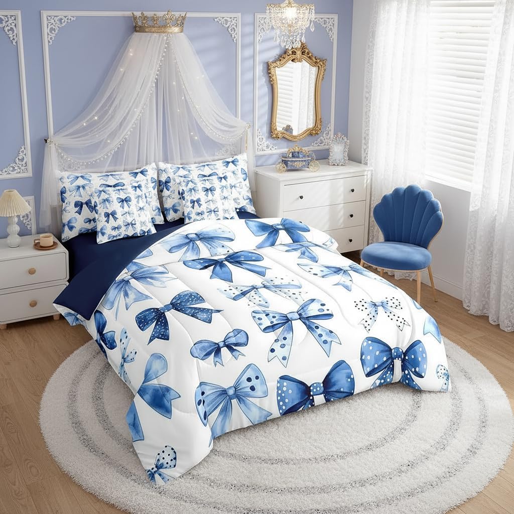 Erosebridal Kids Blue Bow Comforter Set with Sheets Queen Size Princess Bow Tie Girls Bed in A Bag Ultra Soft Butterfly Knot 7 Pieces Bed Set Bedroom Decor Fairy Tale Theme Girlish Room Decor