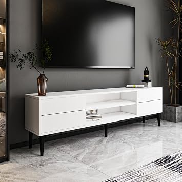 Aragon Modern TV Stand – 140 cm, TV Unit with 2 Covers + 2 Open Shelves, Black & White Color Options, White