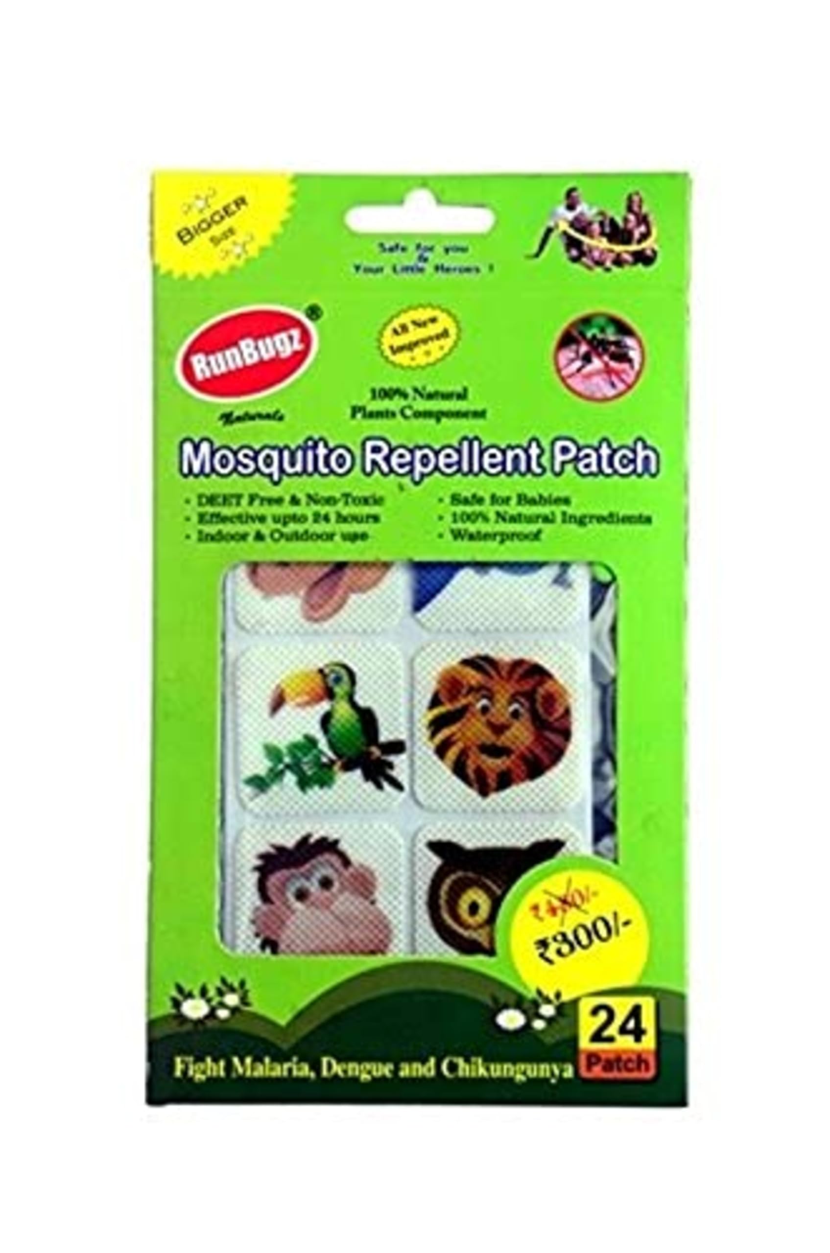 RunBugz Natural Mosquito Repellent Cute Animal Patches for Babies & Kids | 24H Protection | Citronella, Lemongrass & Eucalyptus Oil | DEET-Free | Protection from Dengue & Malaria | 24 Patches