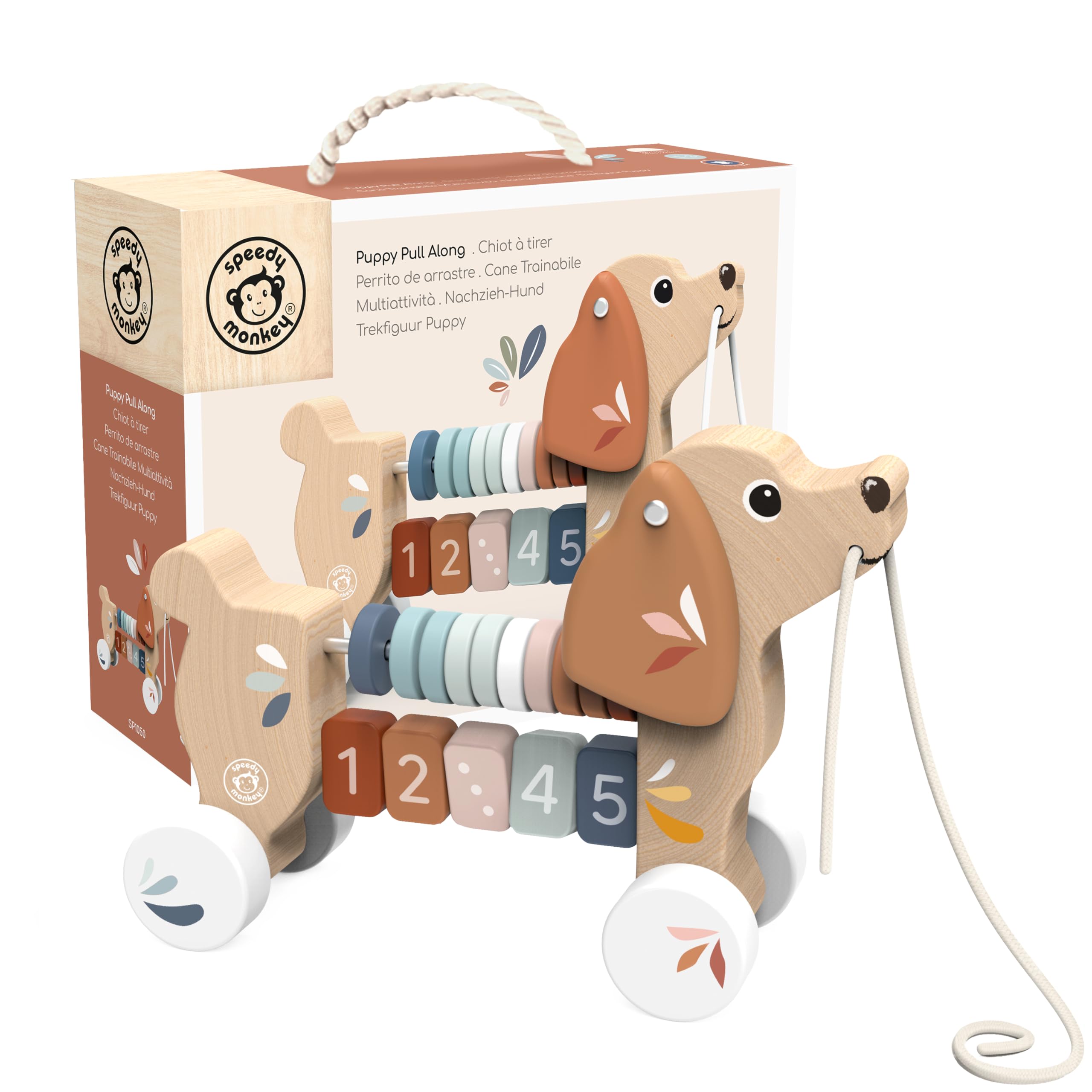 Speedy Monkey Puppy Pull Along for Toddlers 12m+ | Wooden Dog Pull Toy with Counting Numbers & Colorful Rings Abacus for Early Walkers | Gross Motor Skills & Early Learning Activity Gift for Kids