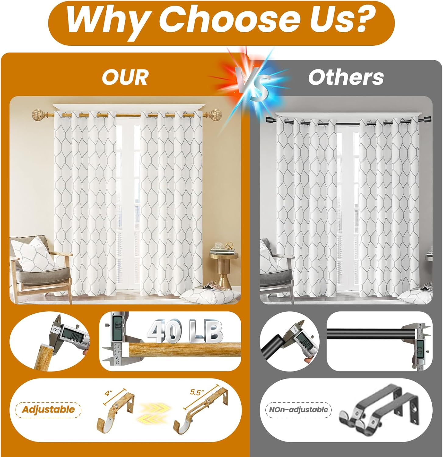 2 Pack Wood Boho Curtain Rod for Windows 48 to 84 inch, 1-inch Heavy-Duty Adjustable Curtain Rod with Decorative Pinecone finials for Farmhouse Living room, Bedroom, Dining room