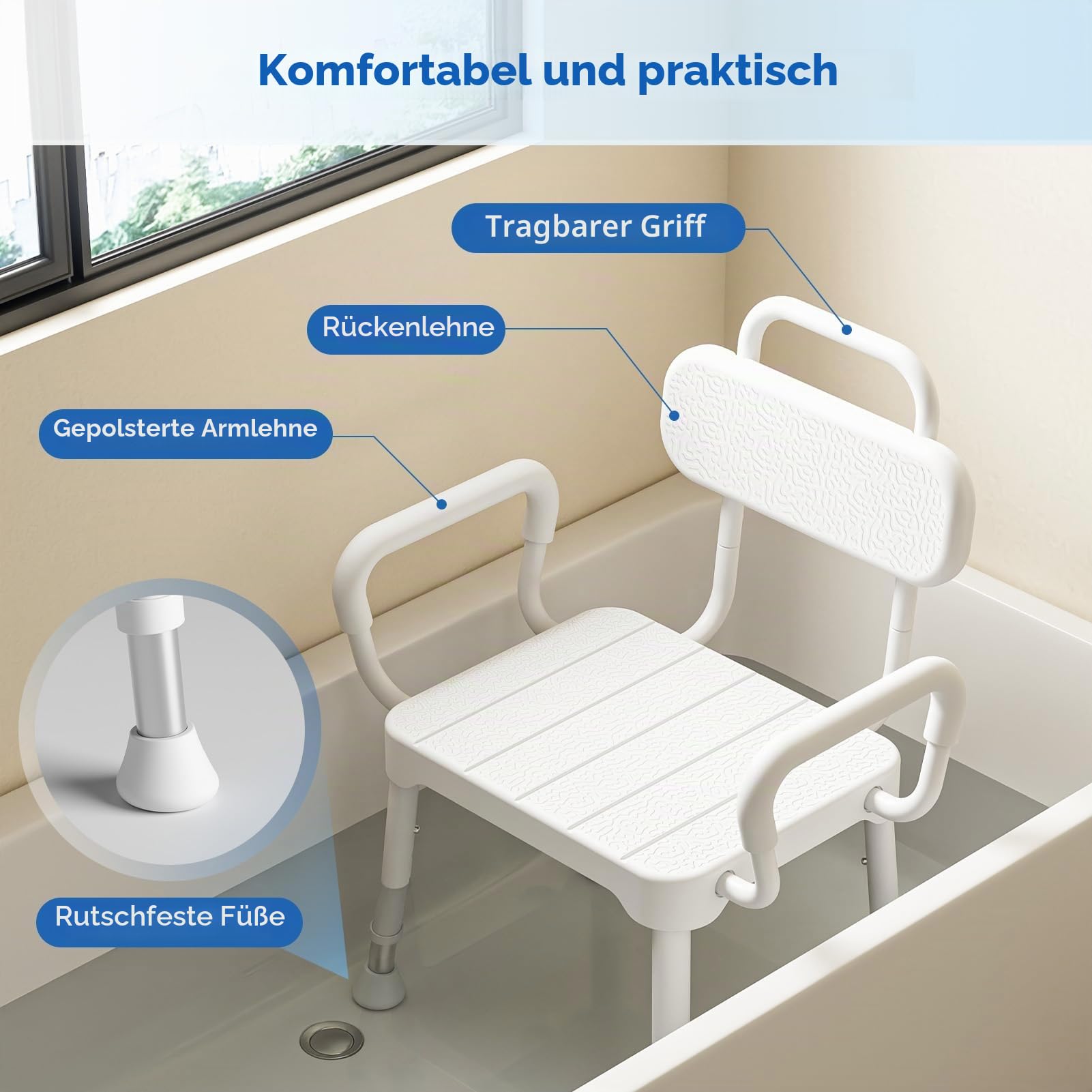Loyoda Duschstuhl Senioren mit Rückenlehne, Armlehnen & Aluminiumrahmen | Höhenverstellbar, rutschfeste Füße, abnehmbare Rückenlehne & Armlehnen, rostbeständig, bis 159 kg belastbar, Neutralgrau