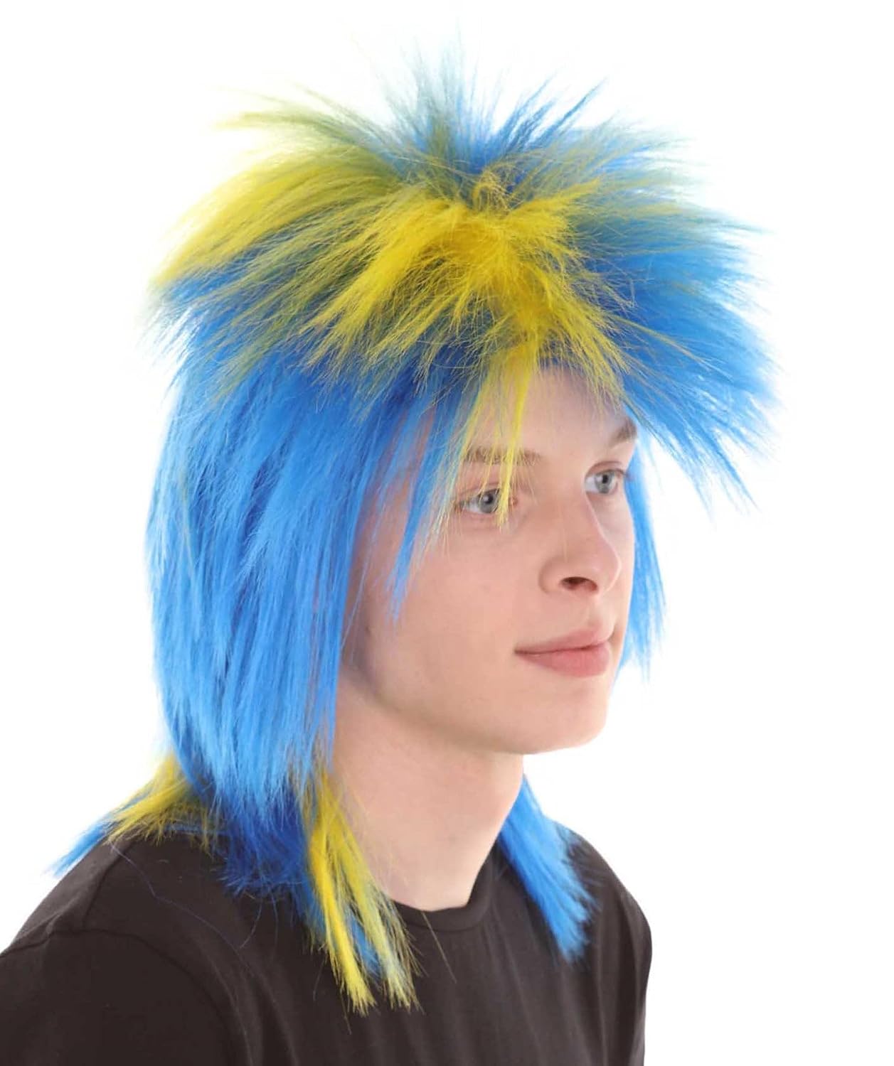 Men's 80s Sweden Mullet Wig Blue and Yellow Synthetic Fiber Sports Costume Hairpiece for Halloween & Cosplay Parties