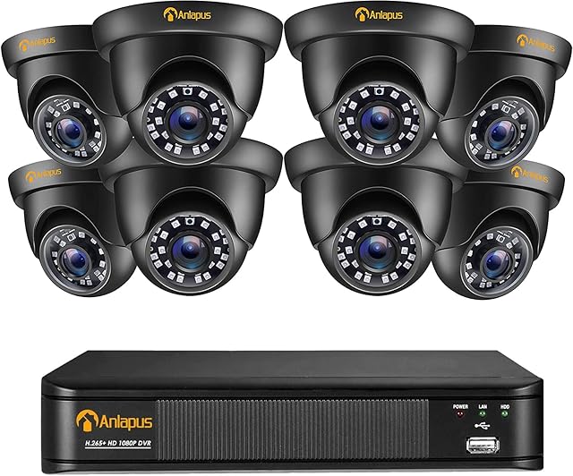 Anlapus 1080p CCTV Camera System, 4CH 1080p H.265+ Surveillance DVR with 1TB HDD and 2x 2.0MP Outdoor Security Bullet Cameras, 24/7 Continuous & Motion Recording, IP66 Weatherproof, Remote Access