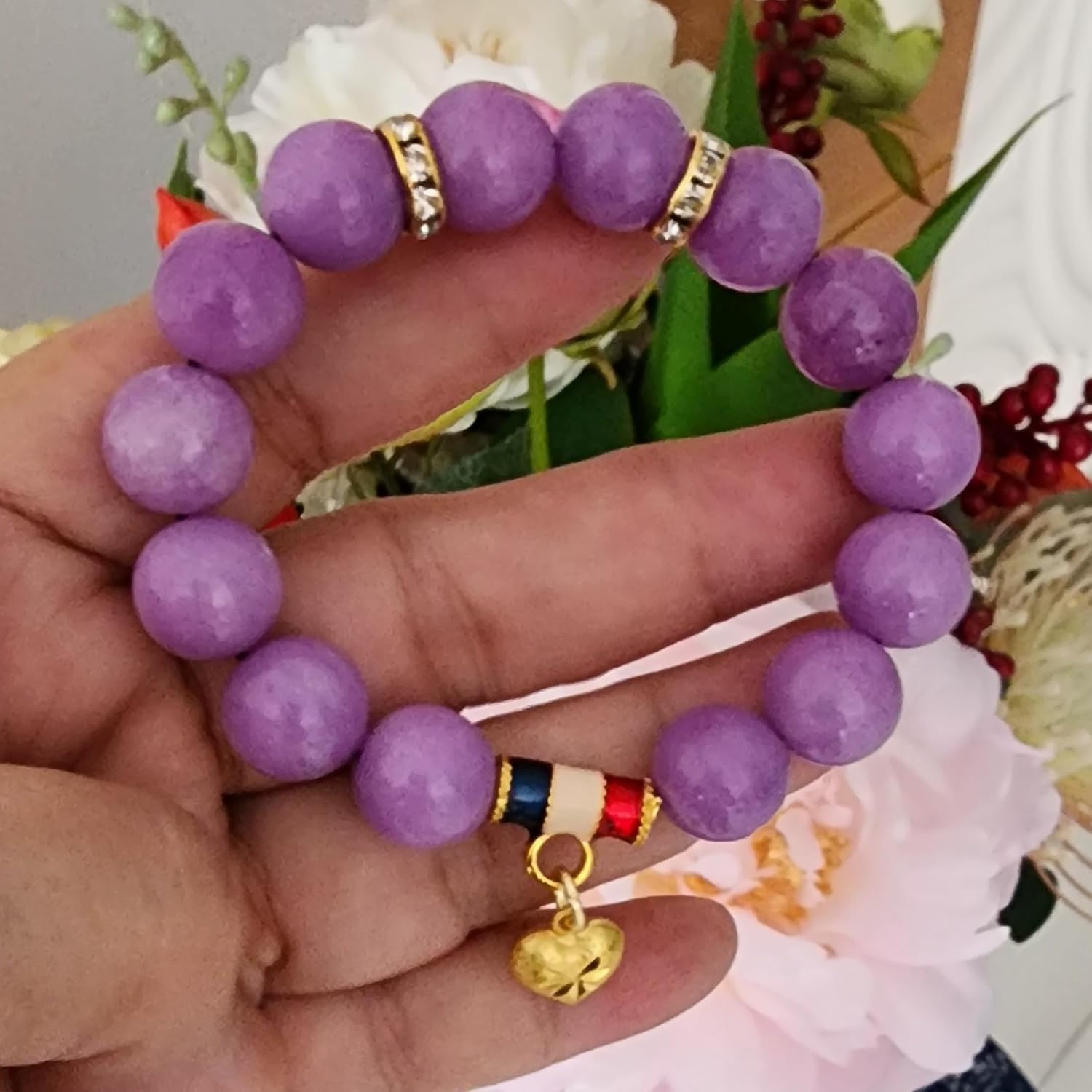 12.4mm Purple Crystal Bead Bracelet with Gold Heart Pendant – Thai Chakra Energy Jewelry for Women – Emotional Balance, Protection & Love – Spiritual Gift with Positive Vibes - Image 6