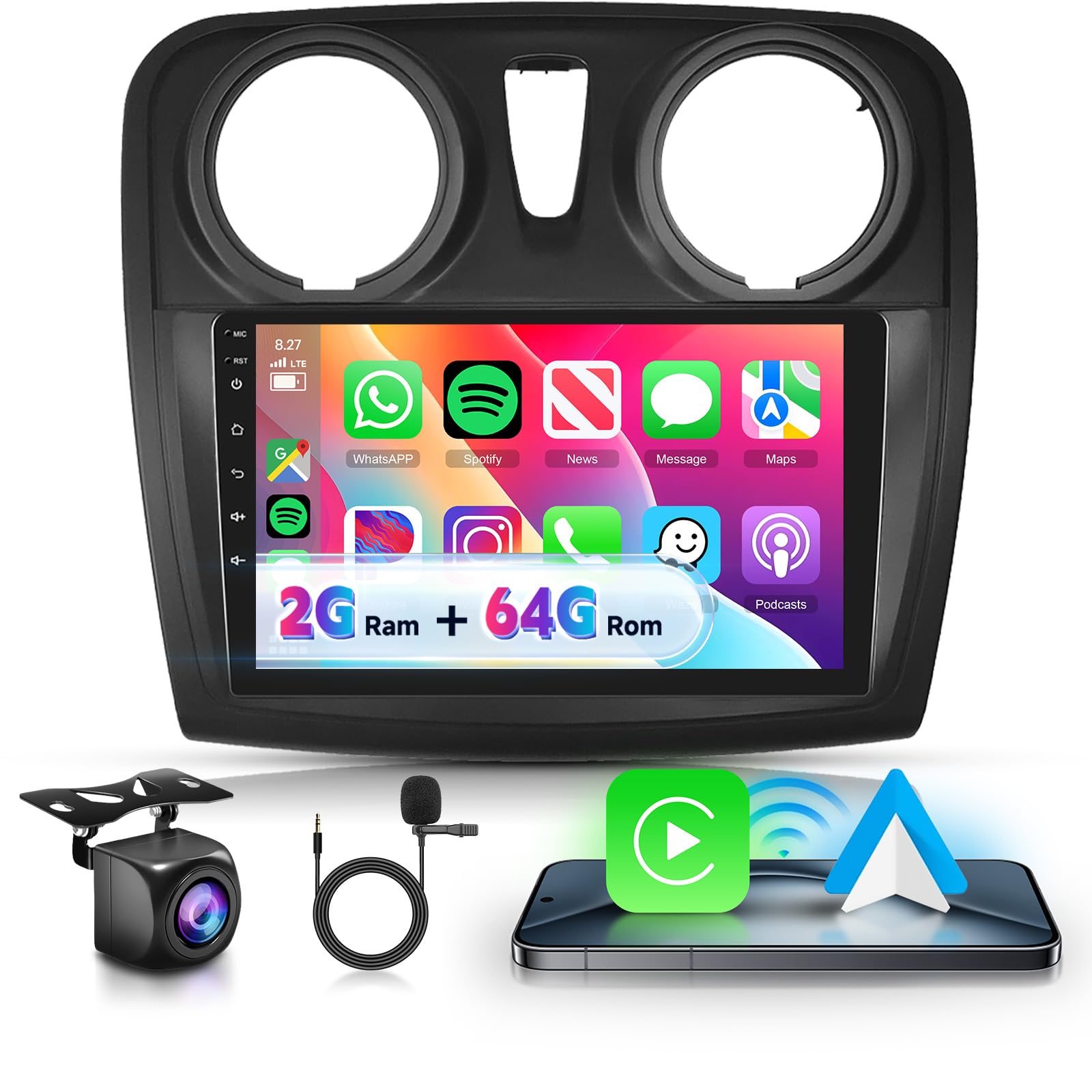 VECHTEL Autoradio 2+64G Android 13 per Renault Dacia Sandero 2 B52 2012-2019, 9" HD 2.5D Schermo Tactile Stereo Auto co Carplay Android Auto senza Fili GPS Wi-Fi USB Bluetooth Radio FM RDS Retrocamera