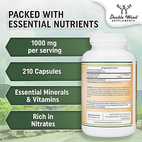 Miniatura 3 de Double Wood Cápsulas en polvo de raíz de remolacha (orgánicas y veganas) (210 unidades, 1,000 mg por porción), súper alimento de remolacha con alto
