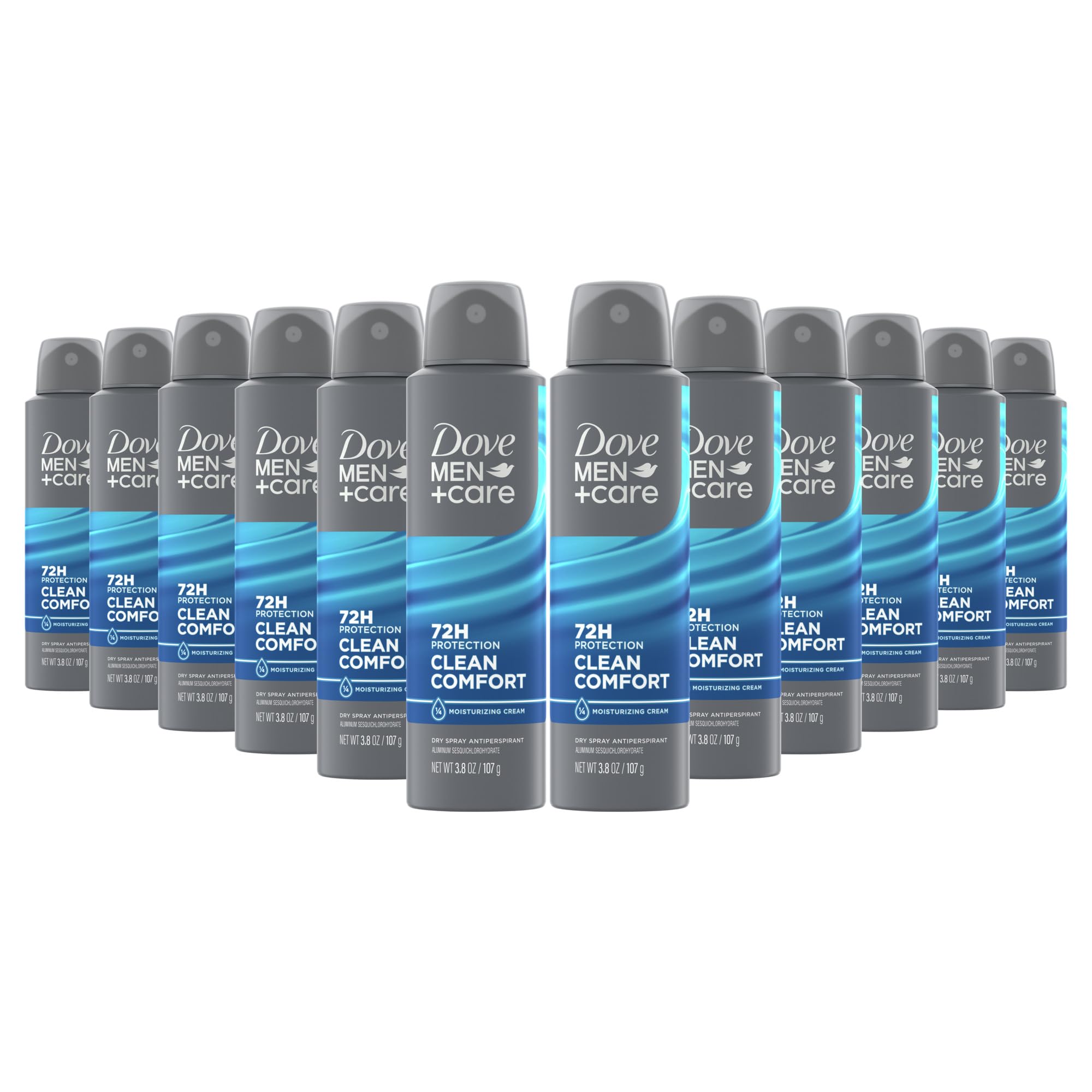 Dove Men+Care Antiperspirant Deodorant Clean Comfort, Pack of 12, Dry Spray For Men 72-hour Sweat and Odor Protection with Triple Defense Technology 3.8 oz