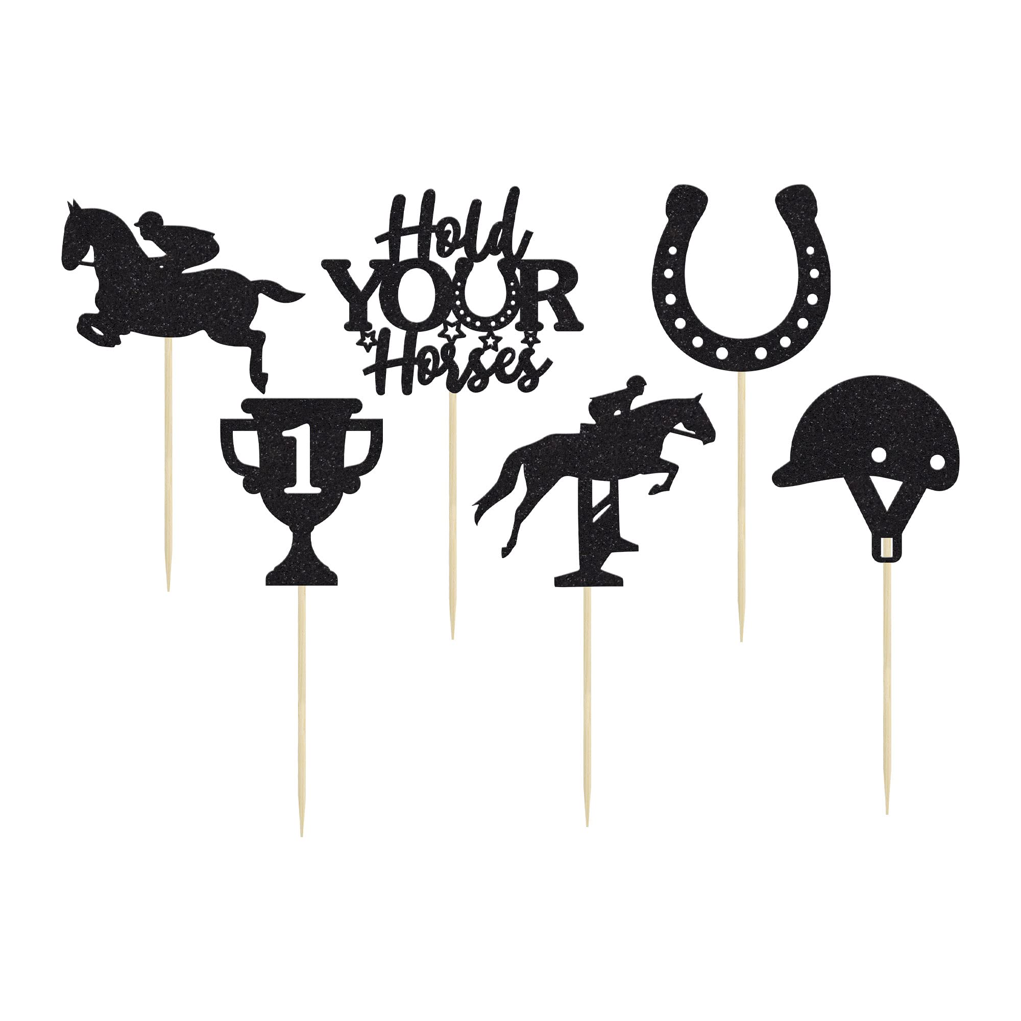 Gyufise Lot De 24 Décorations Pour Cupcakes Kentucky Derby - Noires à Paillettes - Pour Décoration De Gâteau - Thème équestre - Fournitures De Fête D'anniversaire