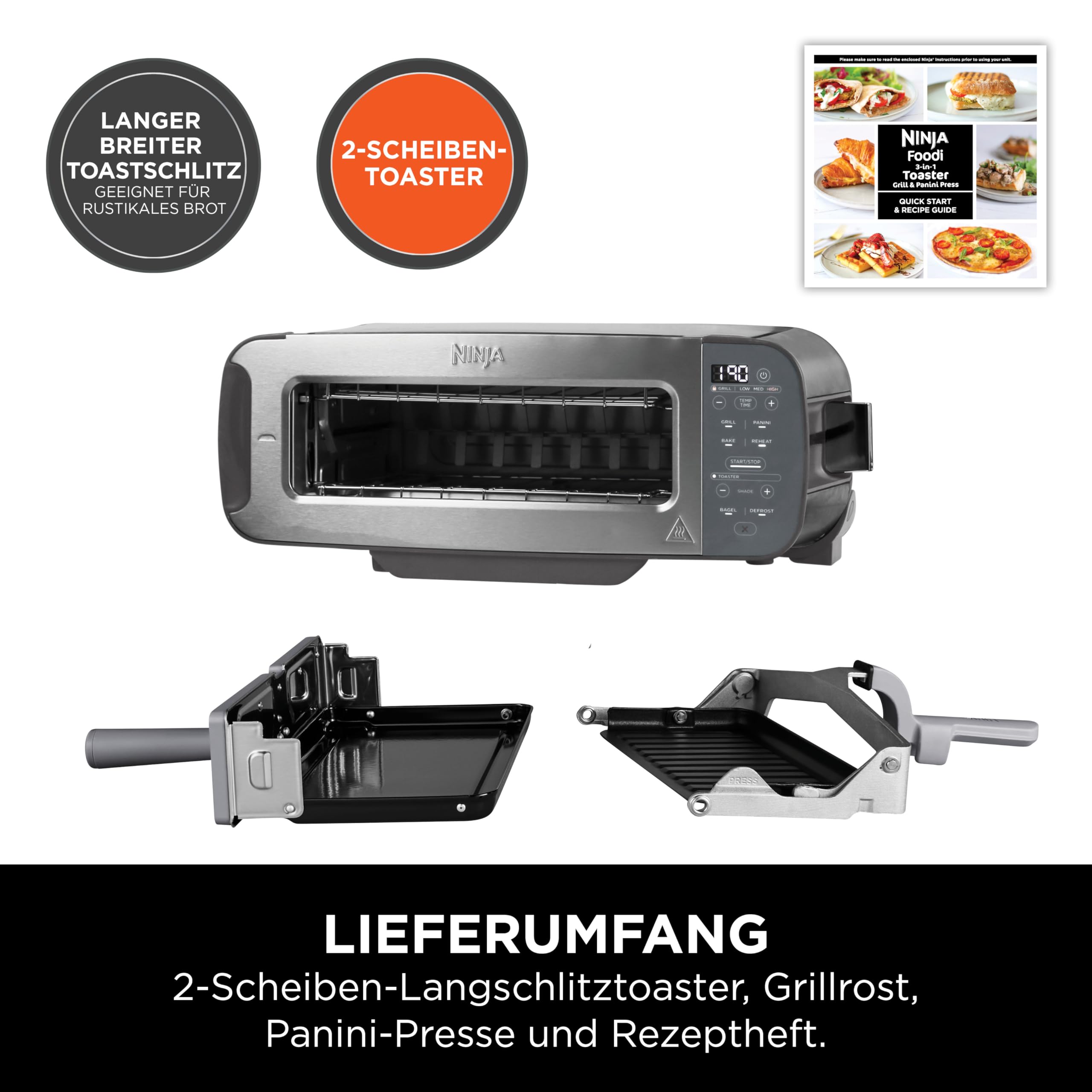Ninja Foodi 3-in-1 Toaster, Elektrogrill mit Deckel, Panini-Presse mit Flip-Design, 7 Kochfunktionen, 7 Toastlinien, Backblech und Krümelschale, Edelstahl, ST202EU