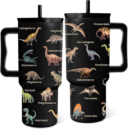 Dinosaur Gifts for Boys Men, 24 oz Tumbler with Handle, Reusable Straw and Lid, Stainless Steel Vacuum Insulated Travel Mug, Leakproof, Fits Car Cup Holders, Cute Dinosaur Cup Gifts