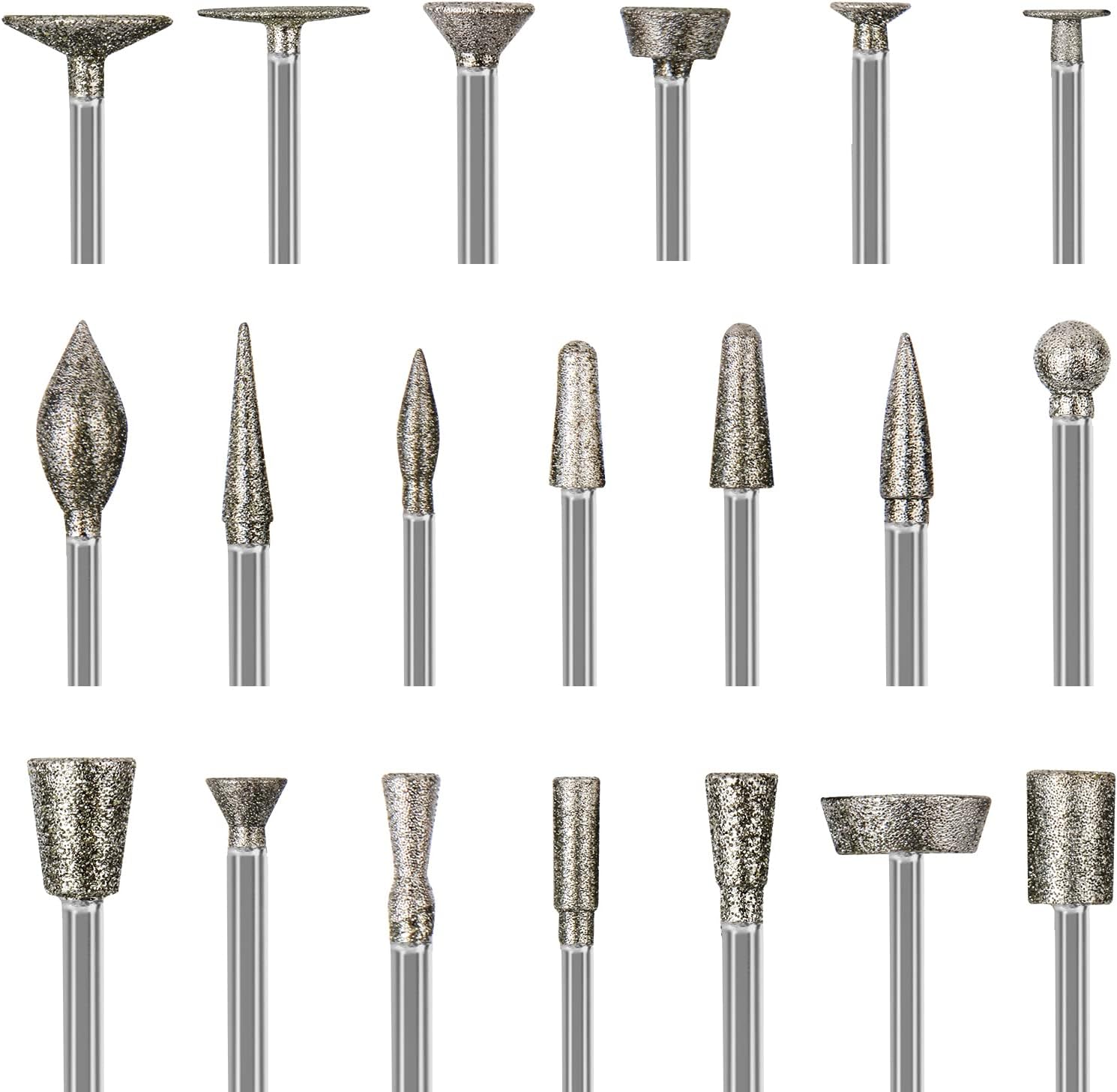 Stone Carving Set Diamond Burr Bits Compatible with Dremel, 20PCS Polishing Kits Rotary Tools Accessories with 1/8’ Shank For Carving, Engraving, Grinding, Stone, Rocks, Jewelry, Glass, Ceramics