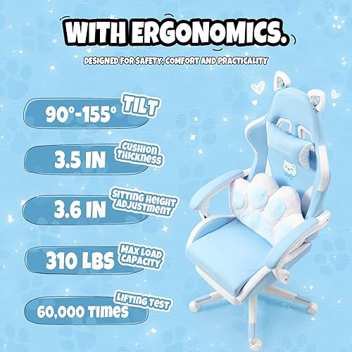 Miniatura 5 de Silla de juegos linda con orejas y cojín Kawaii, silla ergonómica para juegos de computadora para niña con soporte lumbar y reposapiés, cómoda silla