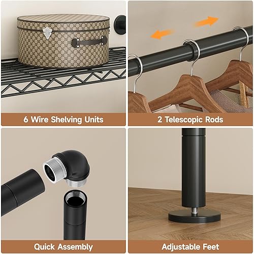 Miniatura 6 de Perchero para colgar en la pared, perchero industrial de metal con 2 varillas expandibles para colgar y 6 estantes, organizadores de armario y Negro