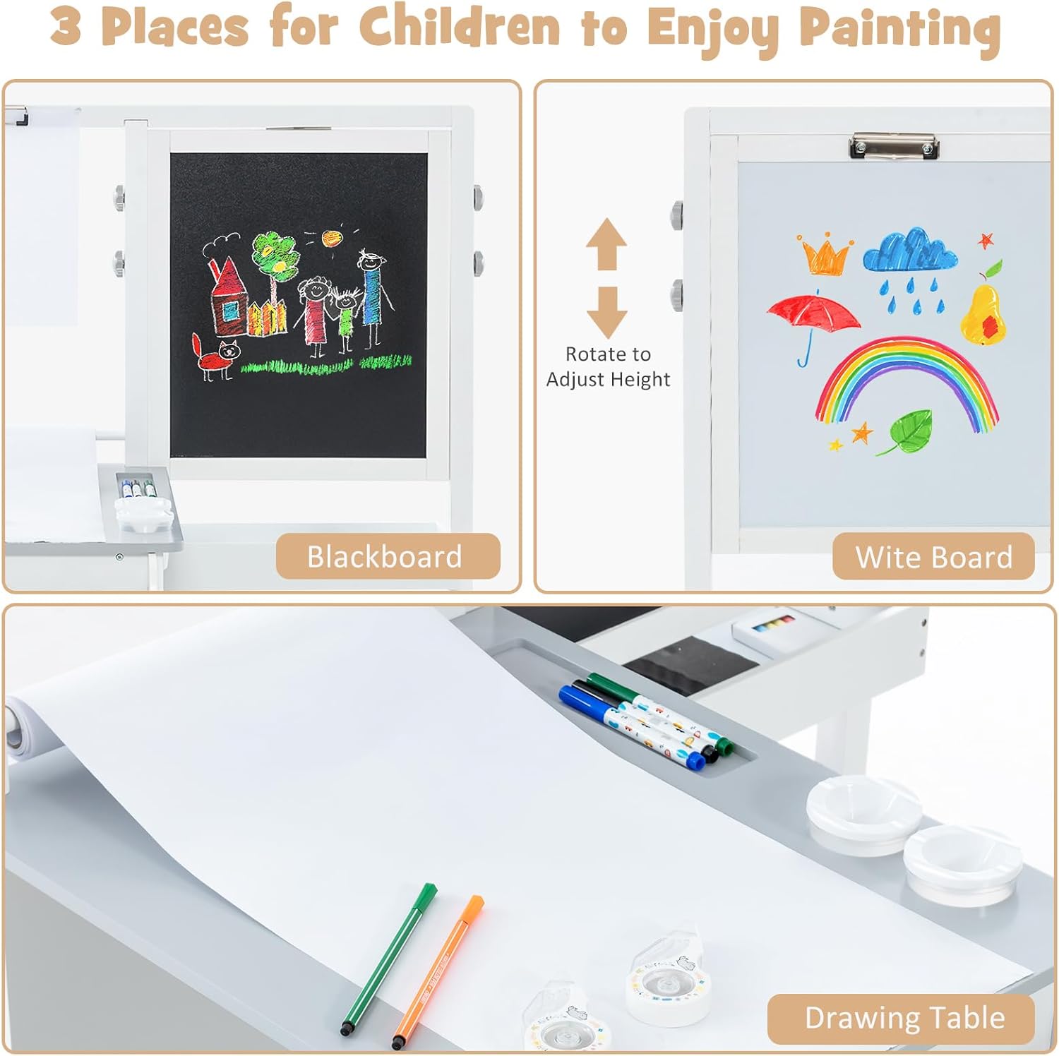 INFANS 3 in 1 Kids Art Table and Chair Set, Toddler Craft and Play Wood Activity Desk with Double-Sided Easel Blackboard Whiteboard, Paper Roll for Writing, Children Furniture for Daycare Nursery