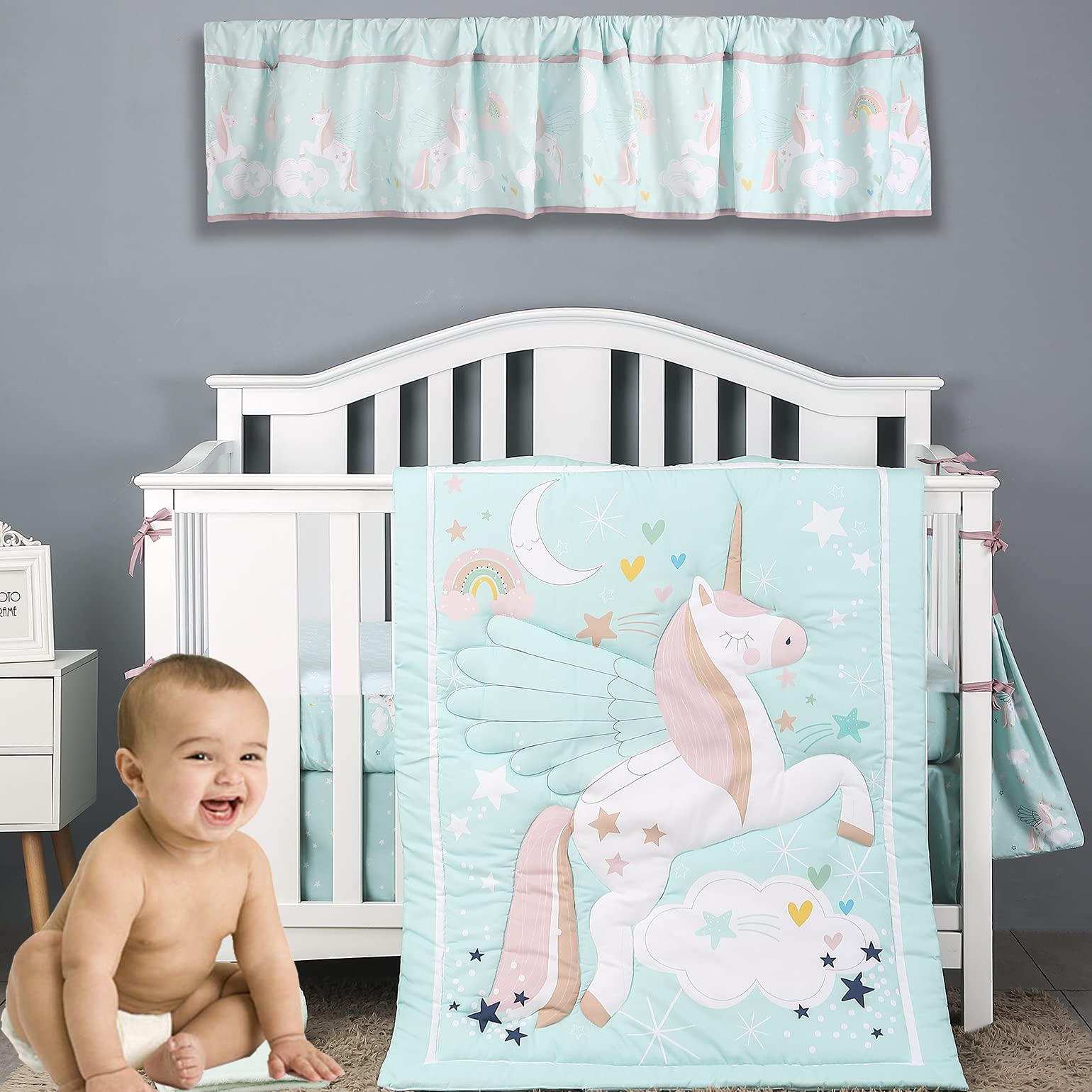 Brandream Ropa de cama de cuna de unicornio neutro, ropa de cama de bebé Dreamy Moon Cloud, juego de manta de edredón de 6 piezas, verde menta