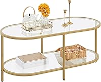 Yaheetech 42" Gold Oval Tempered Glass Coffee Table with Storage Shelf - Modern 2-Tier Living Room Center Table for Small Spaces