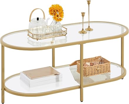 Yaheetech 42" Oval Glass Coffee Table for Living Room, 2-Tier Center Table with Storage Shelf for Small Space, Office