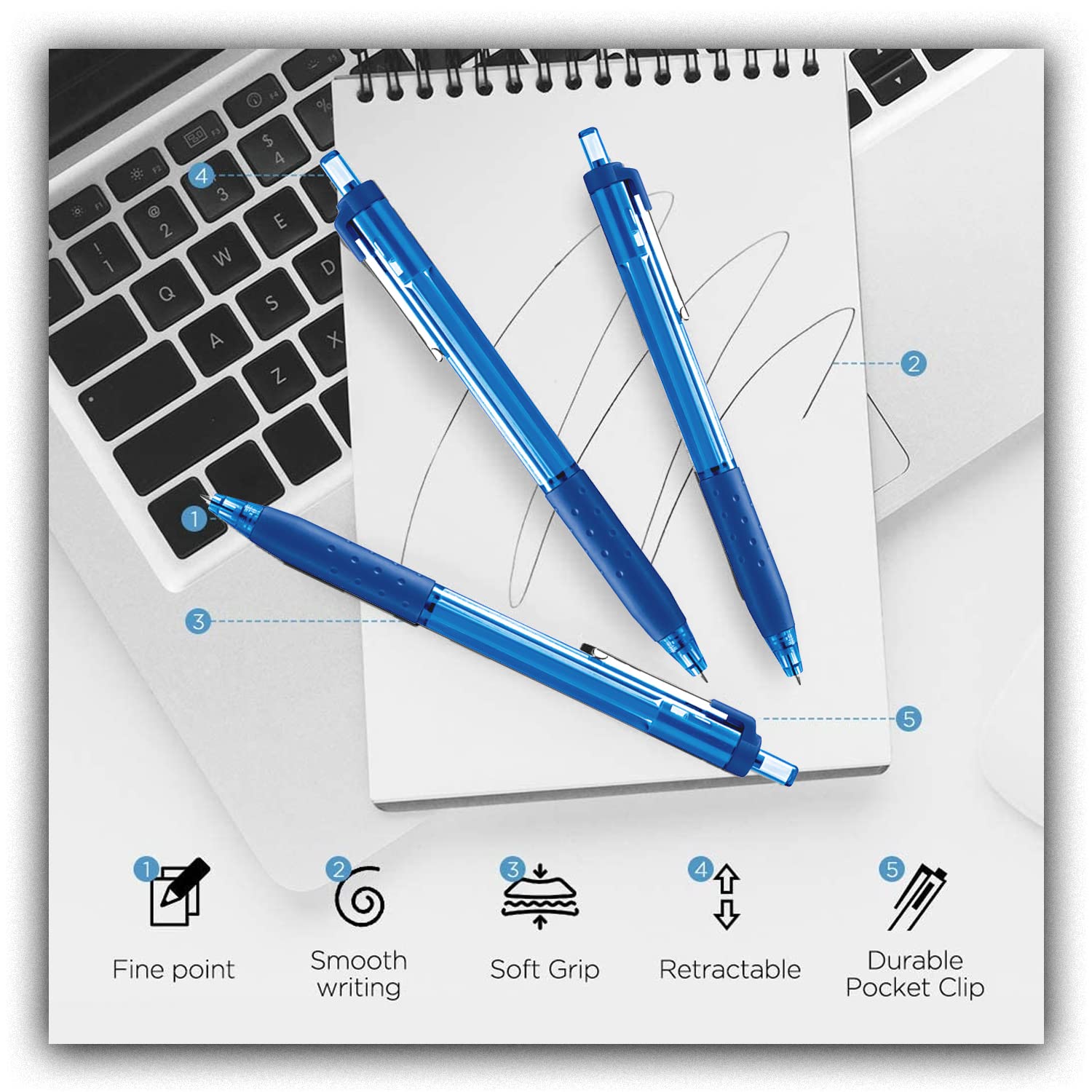 Glamza Ballpoint Pens 0.7mm Blue Ink Retractable Writing Pens Multipack Bulk x50 (Model IJ300), 1 count (Pack of 50) - Image 2