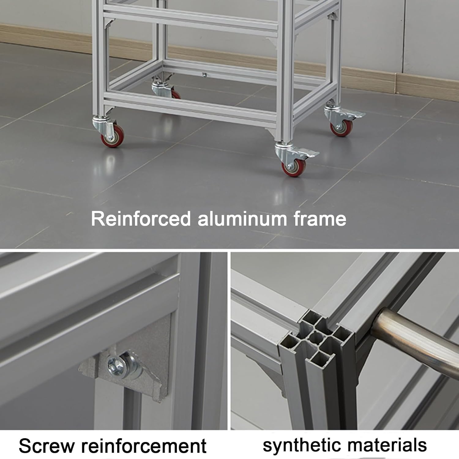 Stainless Steel Workbench Aluminum Alloy Frame and Handles Kitchen Work Table Double-Tiered with Casters Three-Sided Splash Guard Suitable for Warehouses and Hotels