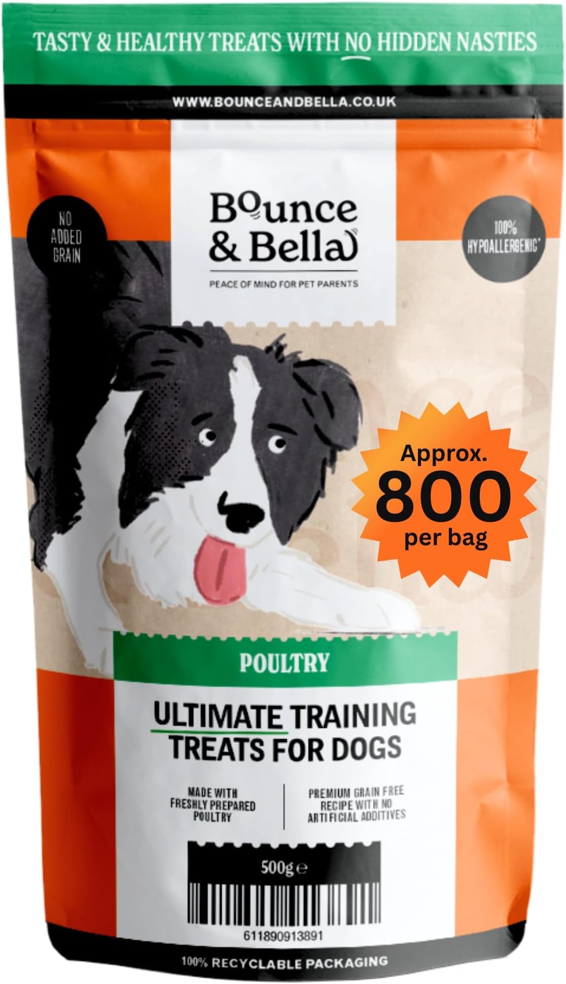 Bounce and Bella Grain Free Dog Treats - 800 Healthy Training Treats - 80% Fresh Poultry, 20% Potato & Sweet Potato - Hypoallergenic for Dogs with Sensitive Stomachs (1 Pack)
