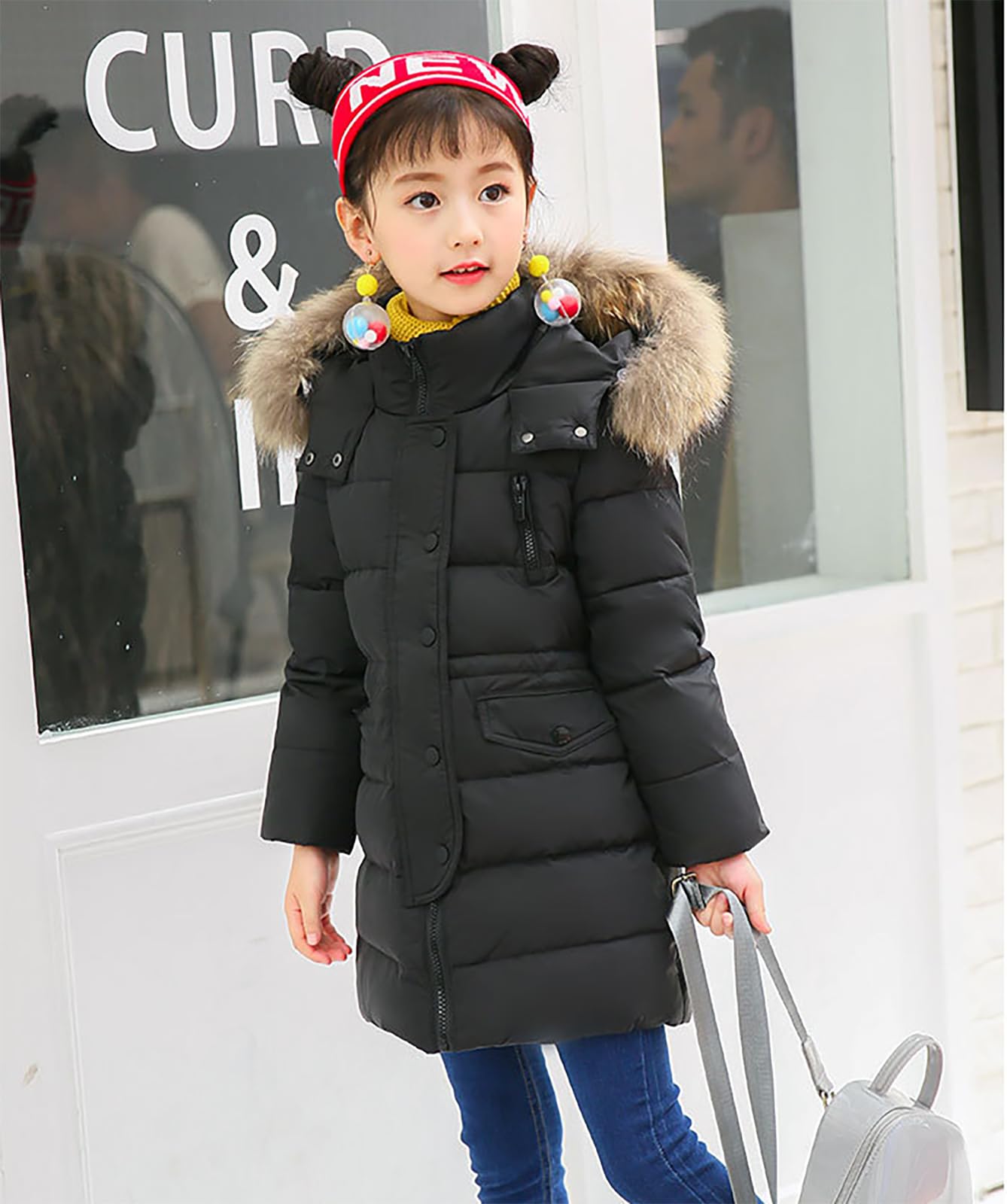 Cappotto per bambini e ragazze, parka, giacca a piumino, lunga e spessa, con cappuccio, pelliccia calda, invernale, per 2-13 anni
