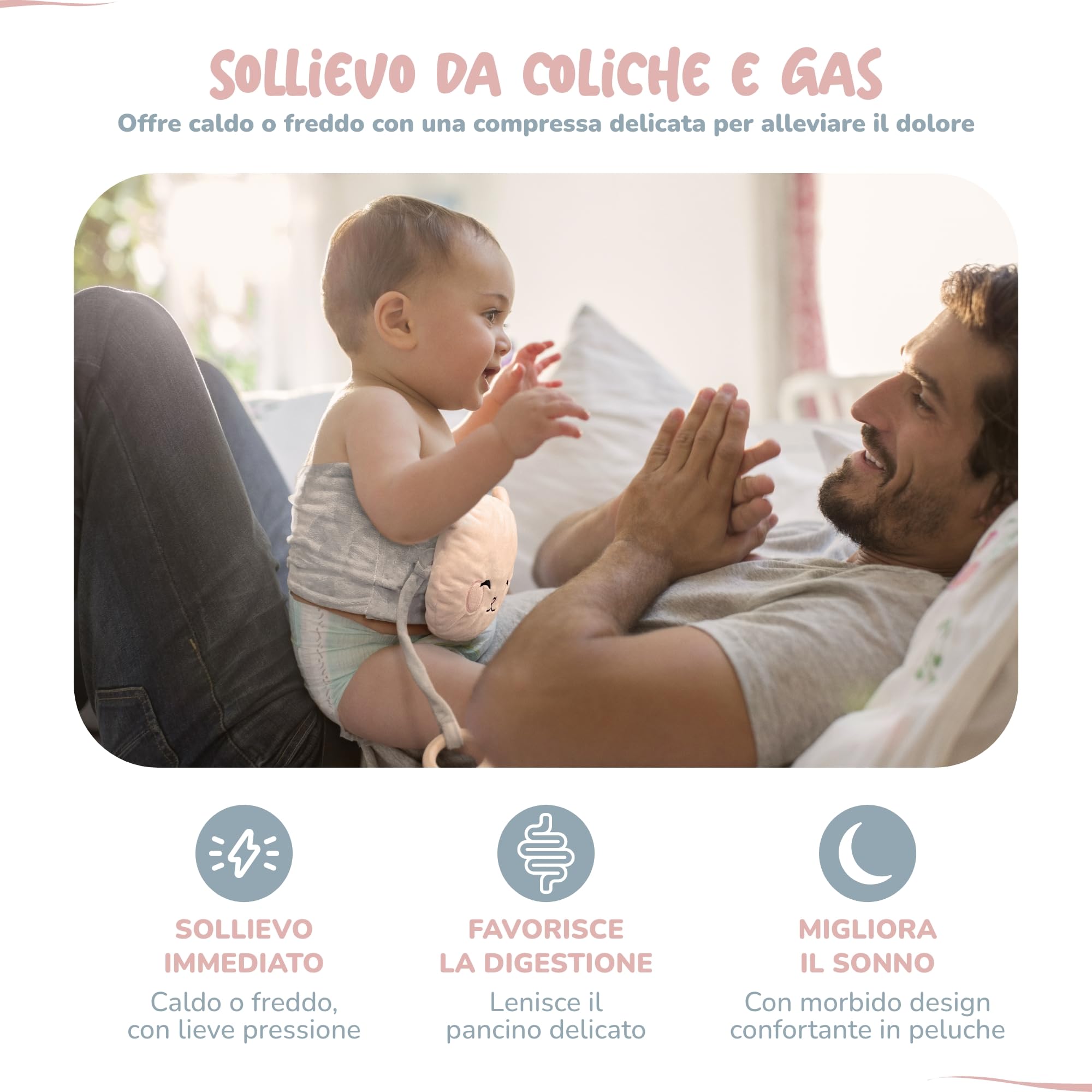 Borsa dell'Acqua Calda per Bebè Anti Coliche – Caldo & Freddo – Allevia Dolori & Gonfiori – CE – Impacco di Argilla, Anello da Dentizione Incluso, Fascia Peluche per Neonati e Lattanti