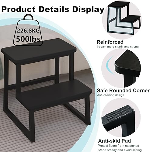 Miniatura 3 de Taburete para adultos y niños, taburete resistente de dos escalones con capacidad de 500 libras para camas altas de baño Kichen, marco de madera y
