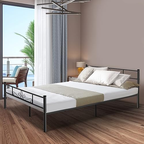 Miniatura 3 de Base de cama matrimonial con cabecera y estribo, base de colchón de plataforma metálica, soporte de listones de acero resistente, no necesita