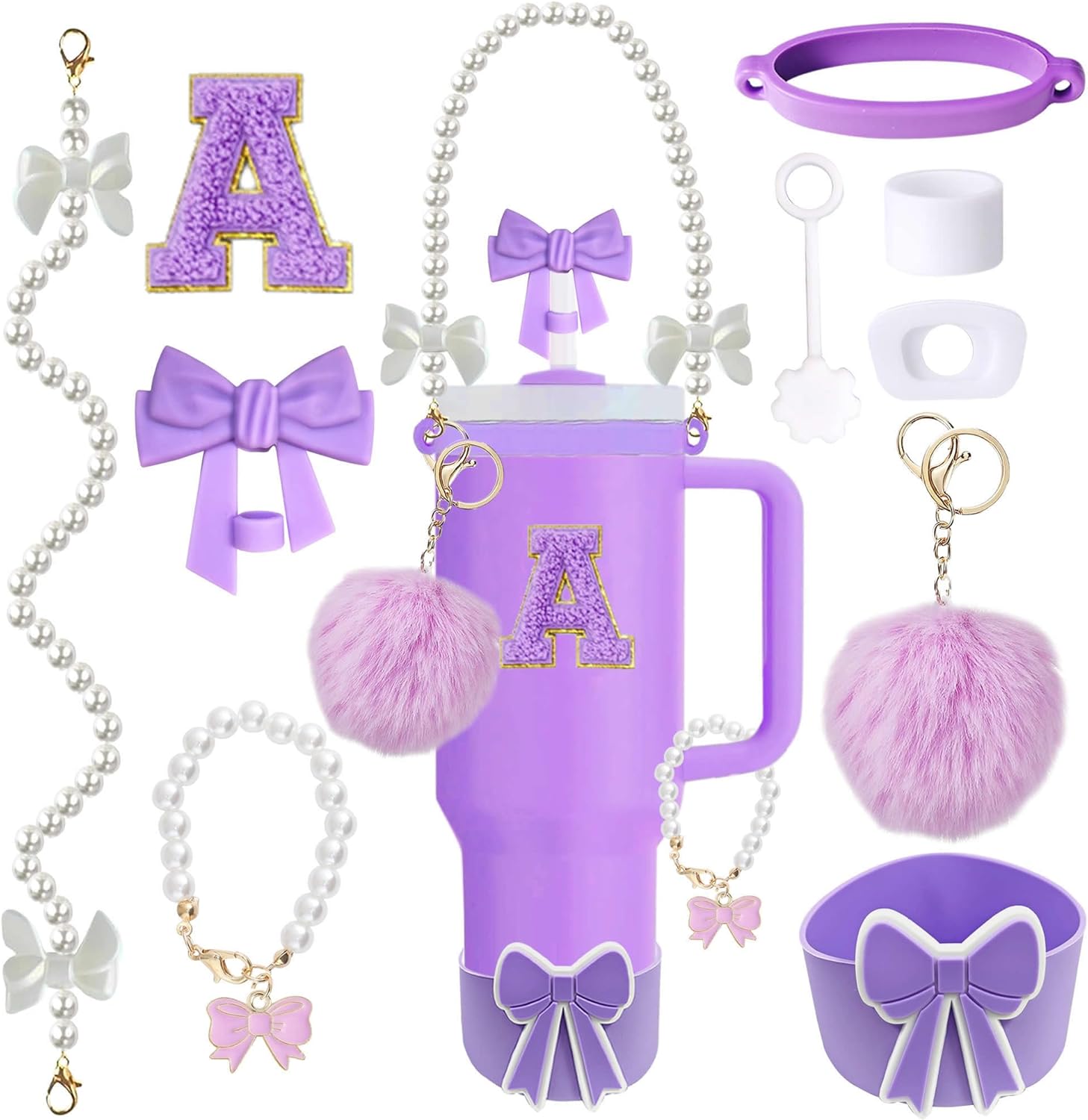 10PCS Purple Stanley Cup Accessories Set for 30oz 40oz Tumbler with Handle, Includes Pearl Strap, Bow Straw Topper & Boot, Decorations Charms, Letter Sticker, Spill Proof Stoppers(A, Purple)