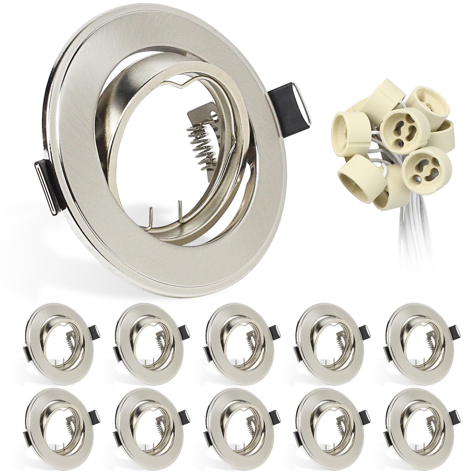 Wondlumi 10X GU10 Downlights for Ceiling Round Brushed Chrome Mounting Frame for Recessed Spotlights 360° Tilt Swivel Downlight Fittings with GU10 Lampholders, Cutout: 68-85mm, No Bulbs